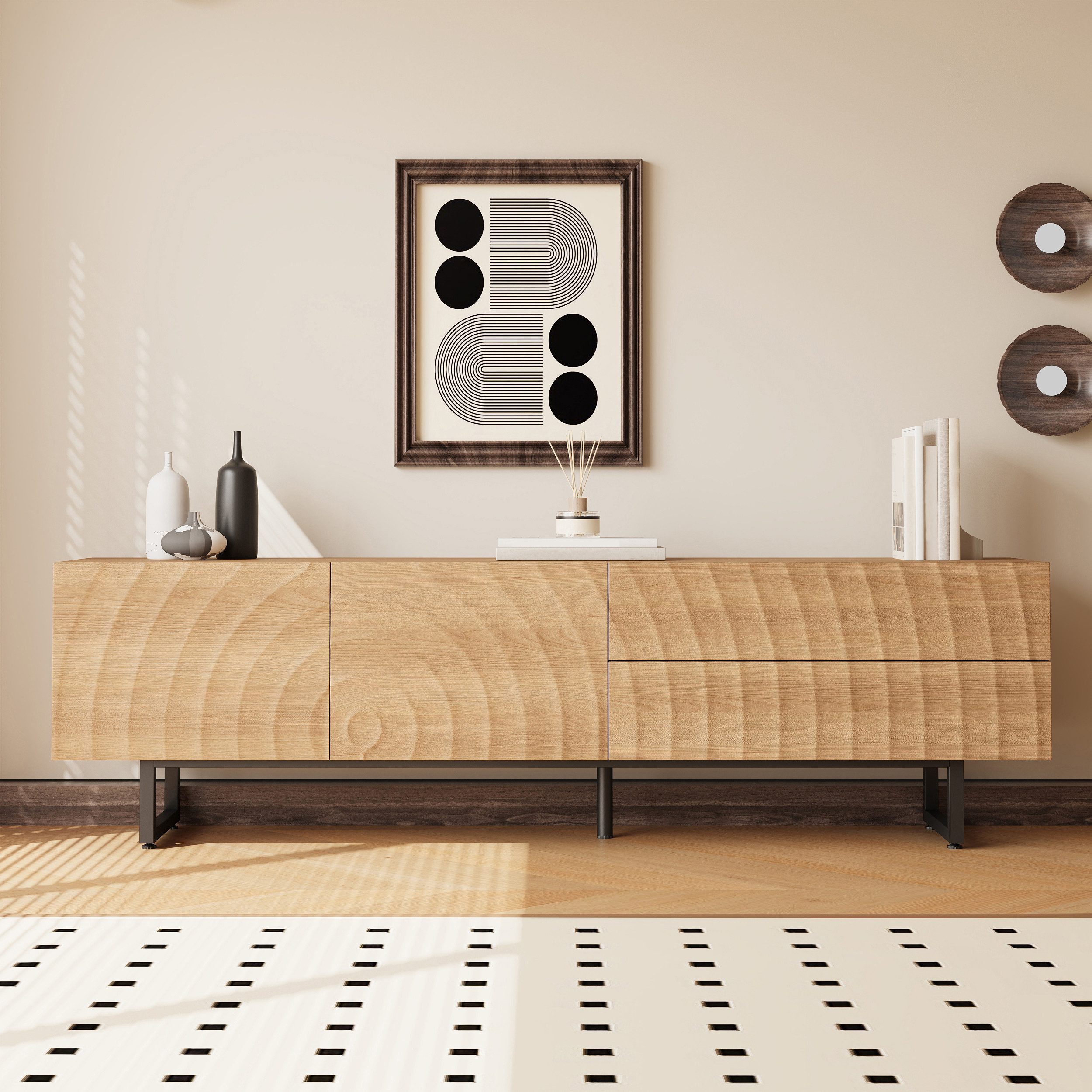 OKWISH TV-Schrank Fernsehschrank 180x38x51,5 cm mit 2 Schubladen und grifflosen Türen (Packung, 1-St., Einzigartiges Design,3D-Textur,Wellige Holzmaserung) Großzügiger Stauraum, Heller Holzsockel, Metallbeine