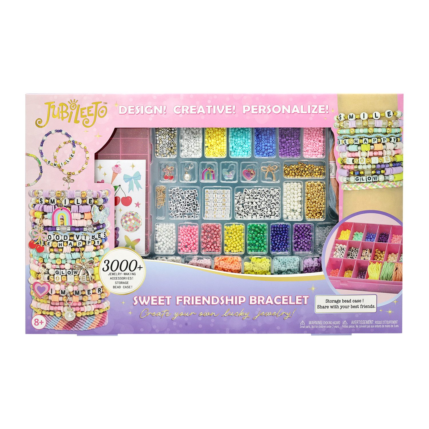 Björn&Schiller Bastel-Armband 3000+ Perlen Set, Bunte Alphabet Perlen, Glitzer Anhänger, Elastische Schnüre, Aufbewahrungsbox, Kreatives Basteln für Kinder