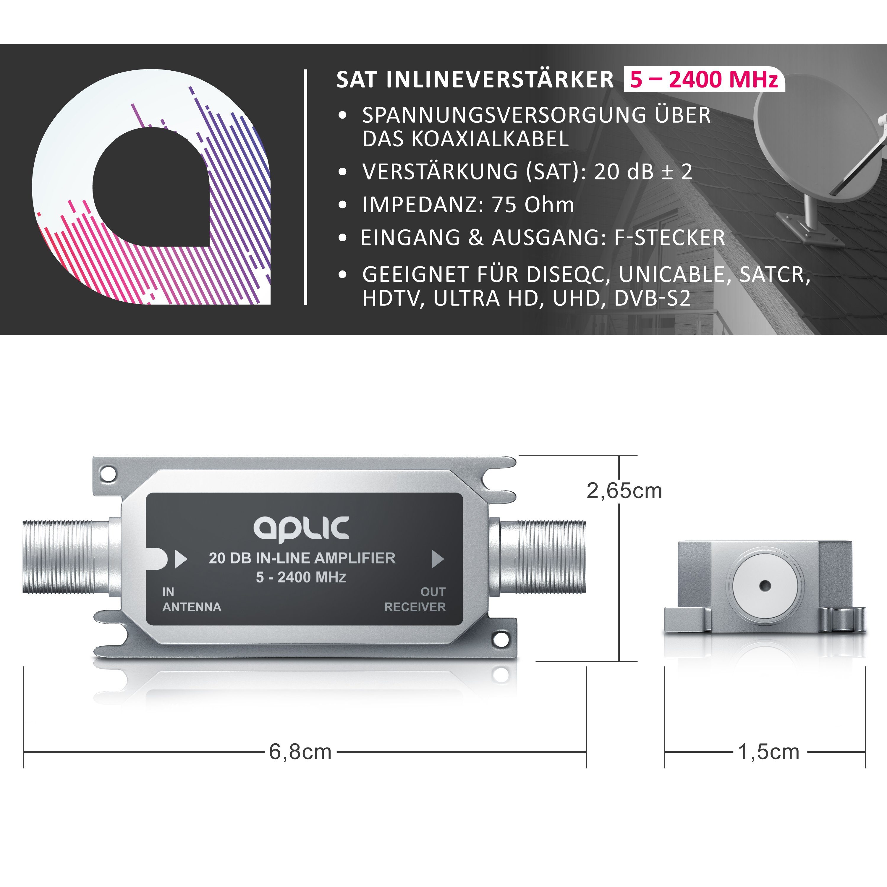 Aplic Inlineverstärker, Satelliten Leitungsverstärker, SAT Verstärker Leistungsverstärker (Inline 5 - 2400 MHz SAT Verstärker, Anschluss über F-Anschlussbuchsen)