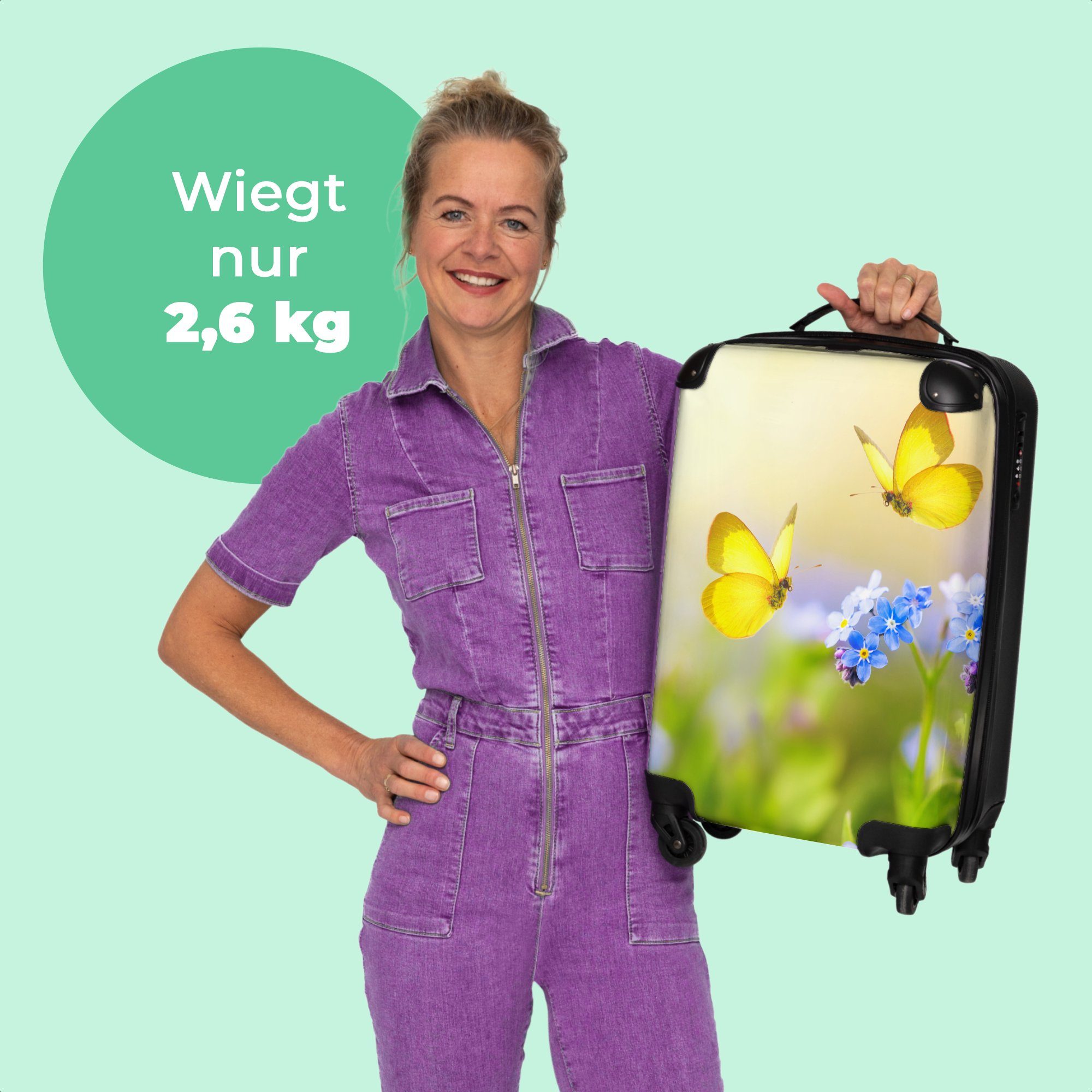 Botanisch Kleine NoBoringSuitcases.com© - Rollkoffer Schmetterling - Gelb Handgepäckkoffer Rollen, Blumen - Reisekoffer Natur, Cabin 4 55x35x20cm - mit Rollen - 4 Trolley Handgepäck