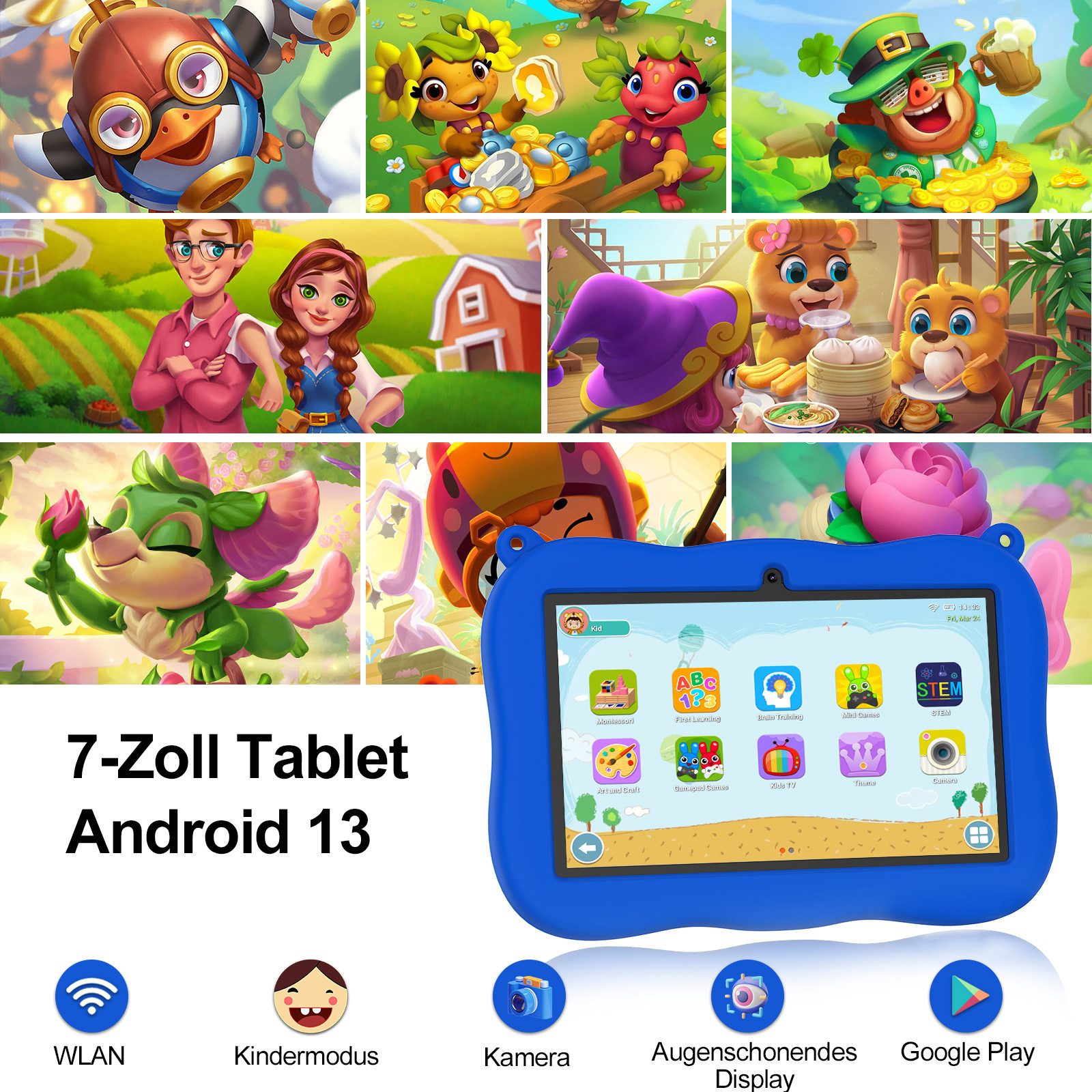 VASOUN 7 Zoll Android kinder tablet mit Elternkontrolle Tablet (10.1 Zoll Tablet", (Robuste Schutzhülle,Vorinstallierte Lernapps, GMS-Zertifizierung)