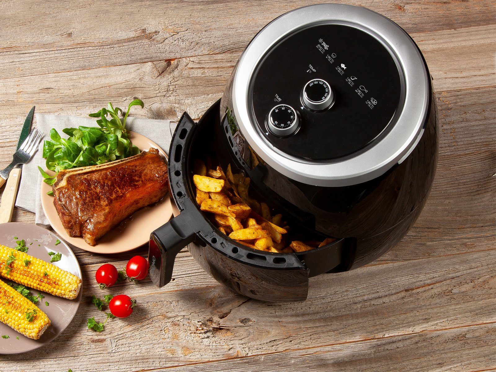 Domo Heißluftfritteuse, 2000 W, große XXL 5 Ltr. Fritteuse Pommes frittieren ohne Öl - mit Salzstreuer