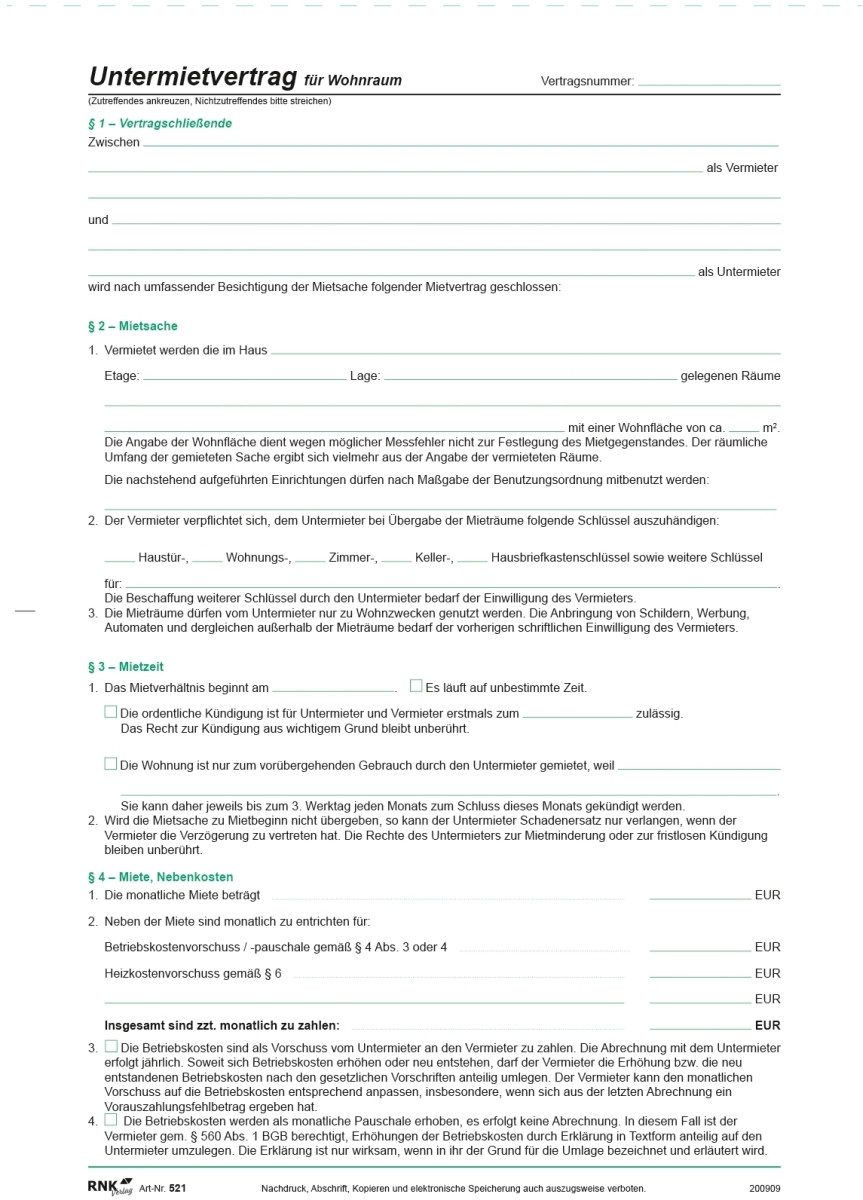 RNK Verlag Formularblock Untermietvertrag für Wohnräume SD 2x2 Blatt A4 (25 Stück)