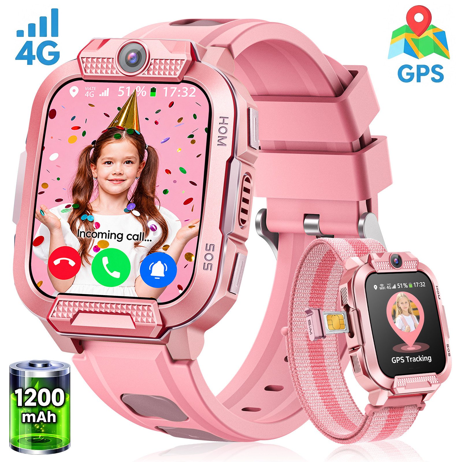Whraills 2026 4G Kinder Smartwatch mit GPS Telefon Video SOS für Jungen Mädchen Smartwatch 4-fache Ortung (GPS, WLAN, LBS, AGPS), Sicherheitszonen, Eltern App, Schulmodus, 1,93 Zoll Display, IP68/5ATM Wasserschutz, 1200mAh, Schrittzähler, Spiele und Sprachchat