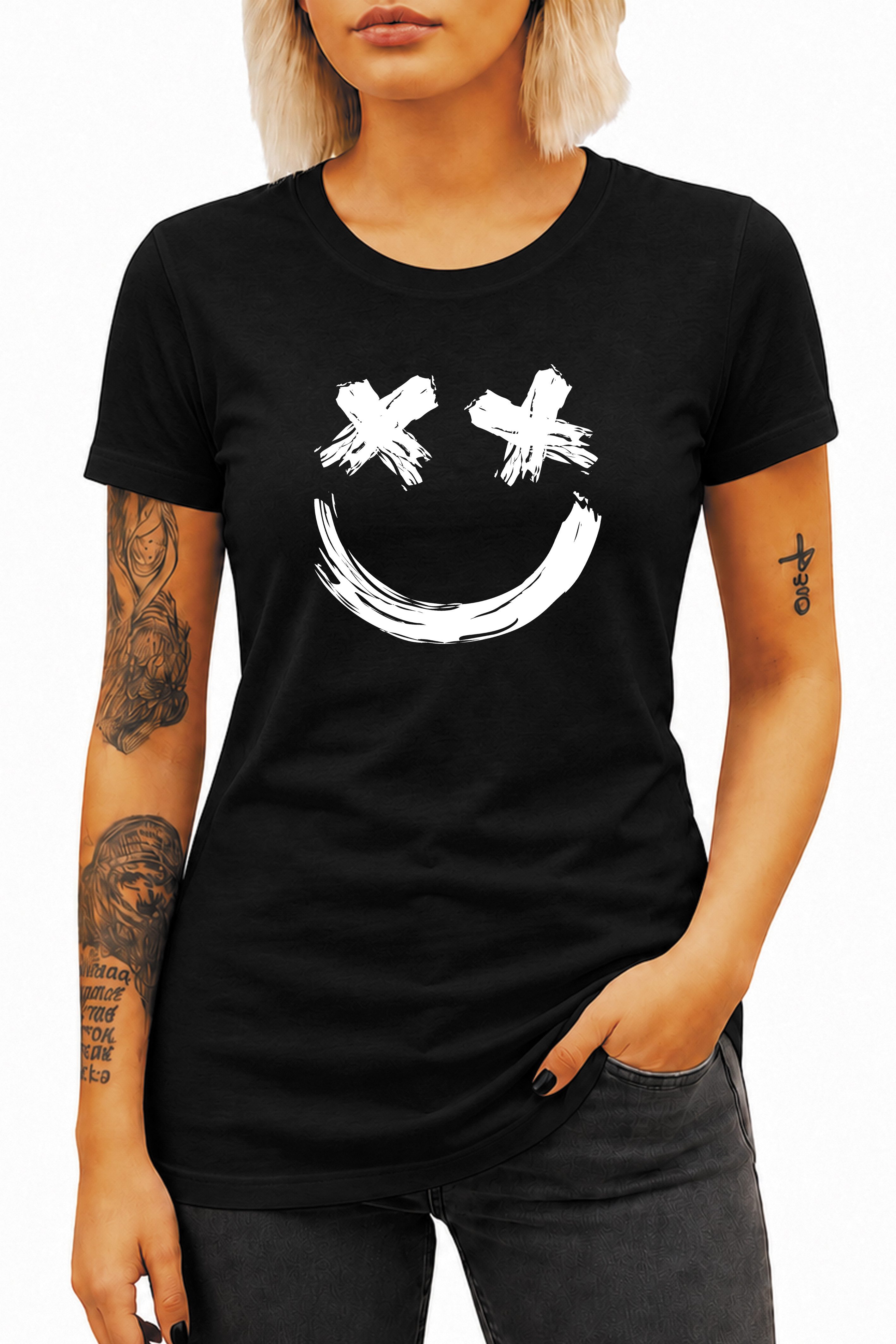 Banco T-Shirt Damen Smile X-Eyes Printshirt Rundhals Baumwolle 100% Baumwolle