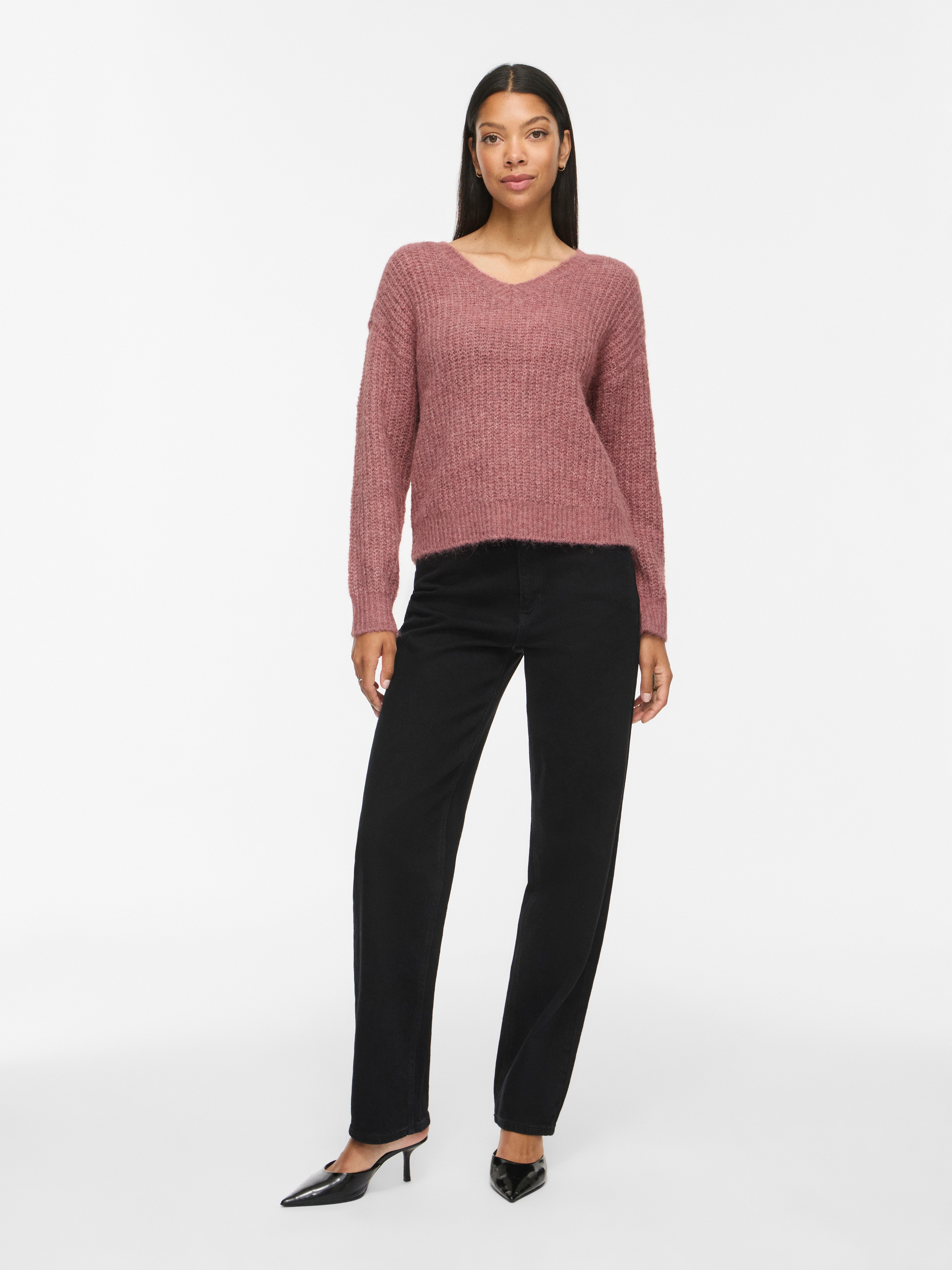 Vila V-Ausschnitt-Pullover VILAMPE V-NECK L/S KNIT TOP-NOOS Materialmix, regular fit – Bild 4 von 5