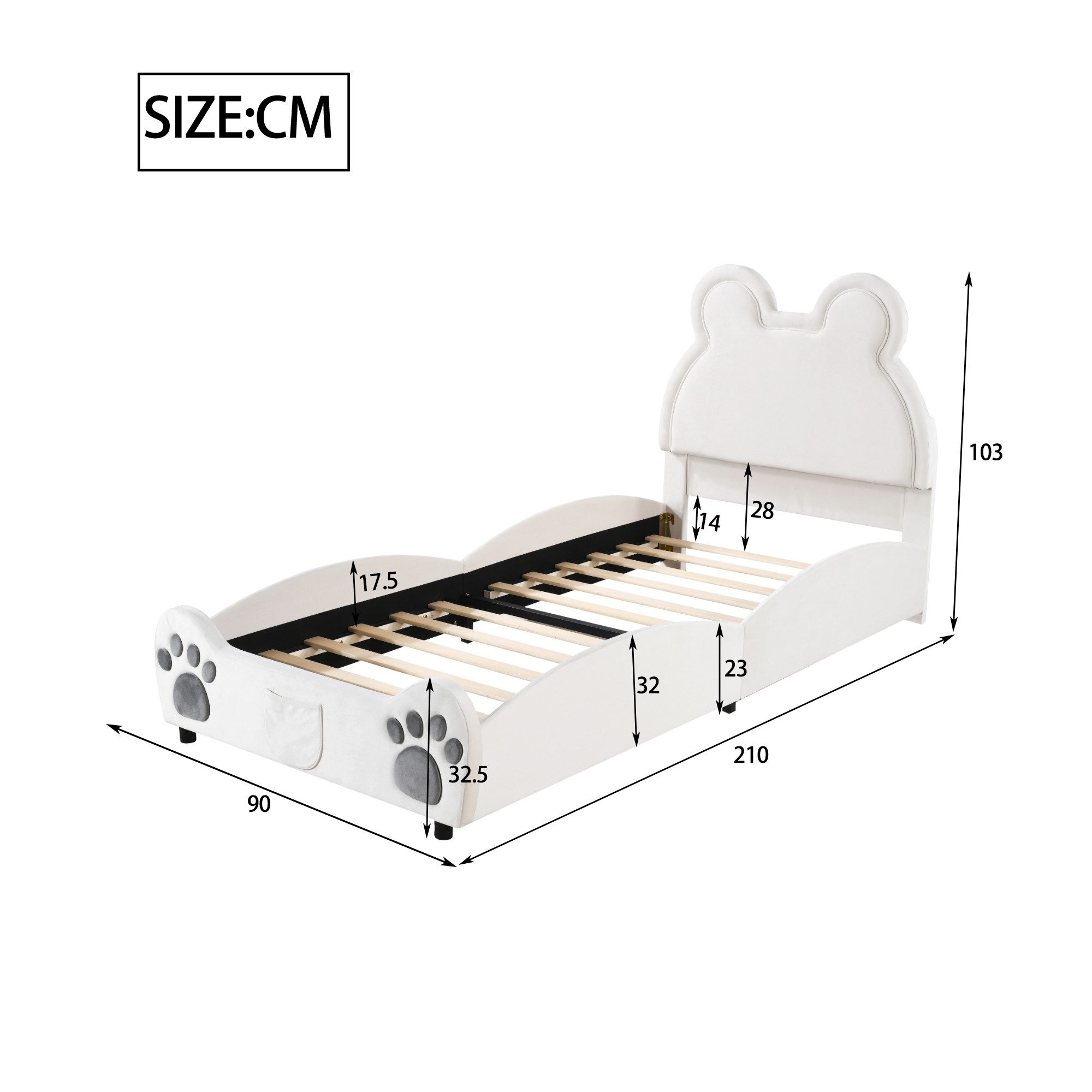 IDEASY Polsterbett Polsterbett, 90 x 200 cm/140 x 200 cm, Kopf- und Fußteil Bär, Samtpolsterung, geeignet für Kinderzimmer, Schlafzimmer, Jugendzimmer