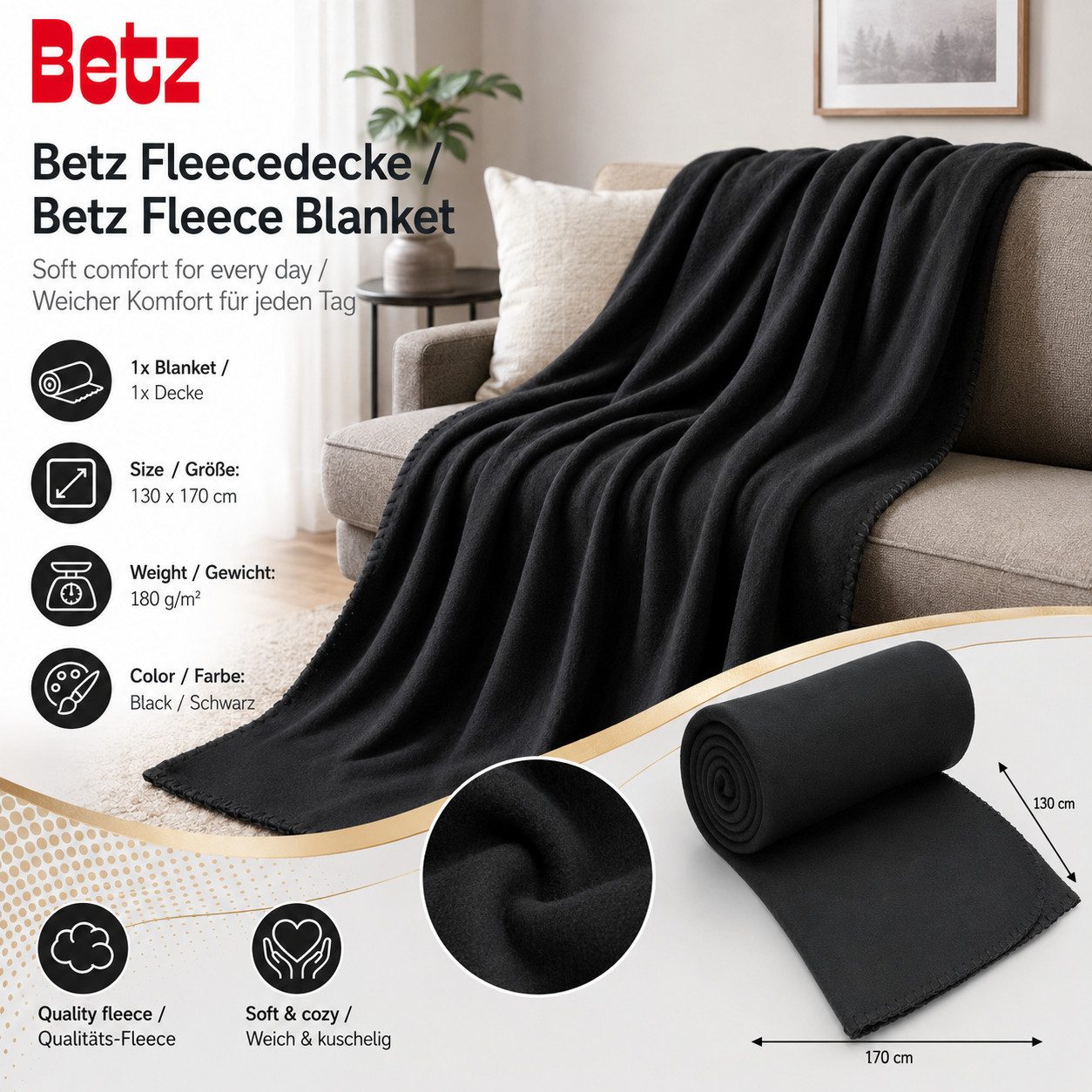 Wohndecke Betz Fleecedecke 130x170 cm 180g/m² – Weiche Wohndecke & Kuscheldecke, Betz, Leicht, wärmend & pflegeleicht – Bild 2 von 5
