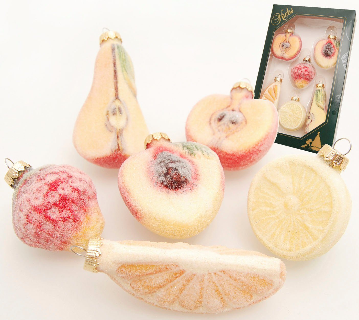 Krebs Glas Lauscha Christbaumschmuck Glassortiment "Gezuckerte Früchte", 6 cm bis 8 cm (6-tlg), Weihnachtsdeko, Weihnachtsbaumkugel, Christbaumkugeln aus Glas