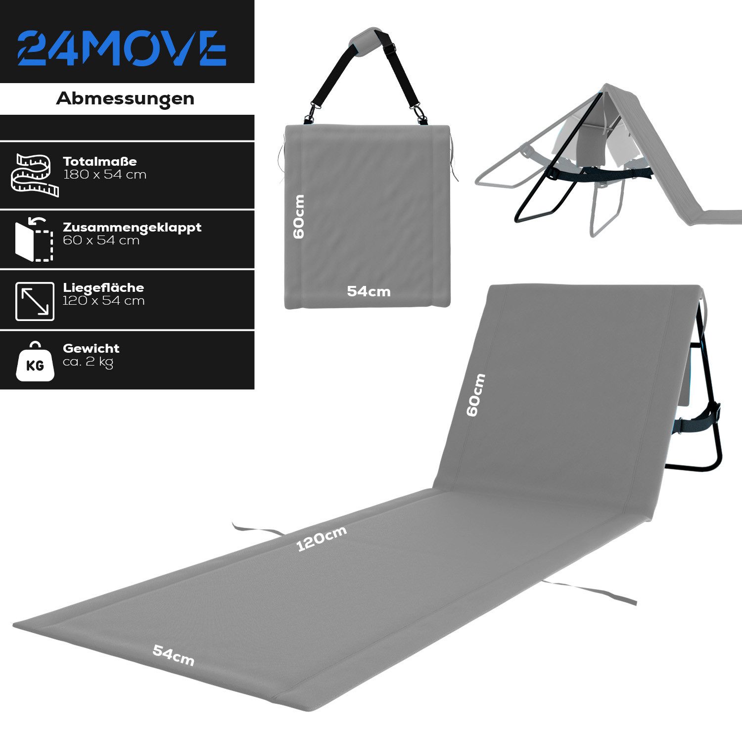 24Move Strandtuch, Strandmatte, Klappbare Campingliege, Tragetasche, (für Urlaub oder Garten), faltbar zur Tasche und Gurt, 1er, gelb, Strandtuch