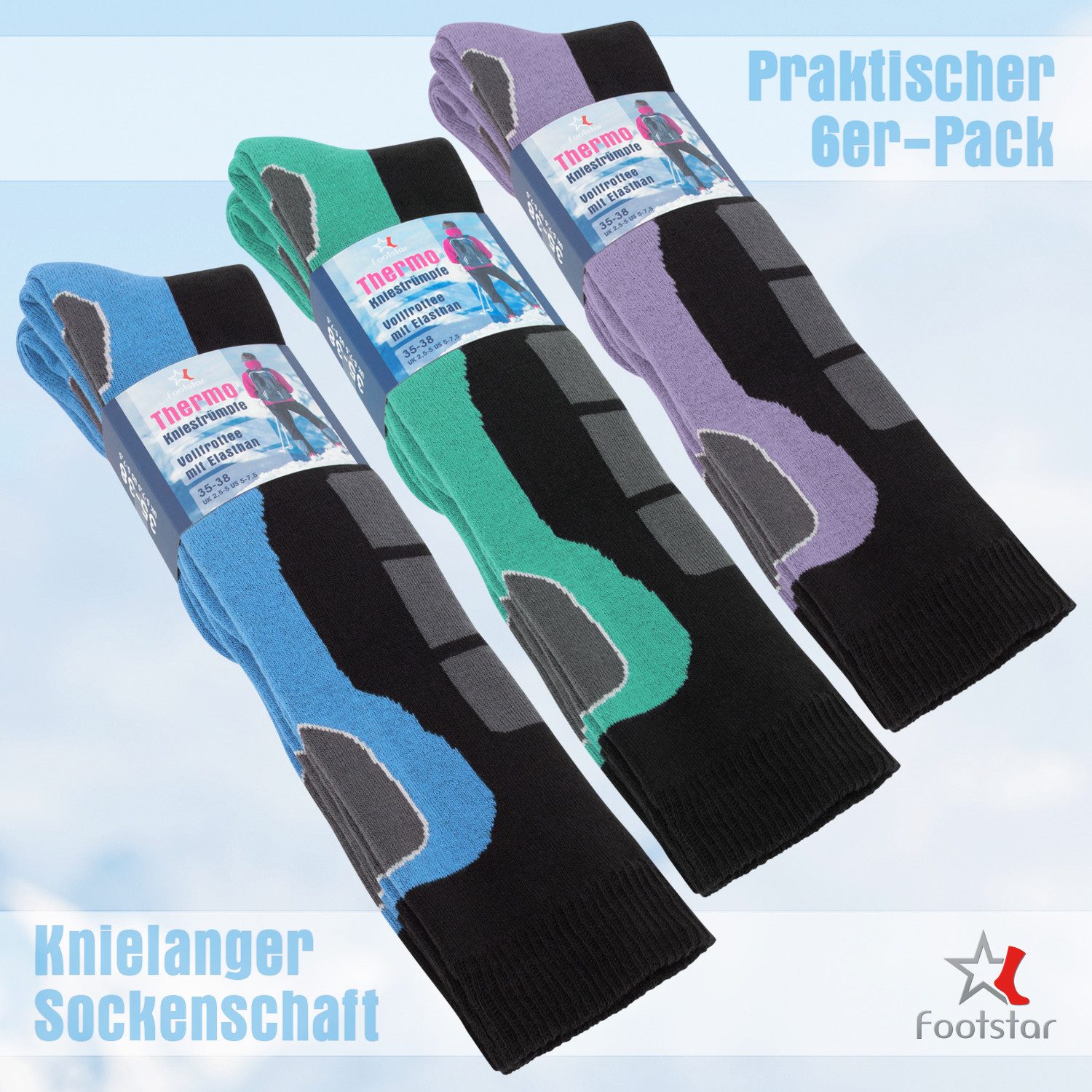 Footstar Thermosocken Damen Winter Kniestrümpfe (6 Paar) mit Thermo Effekt