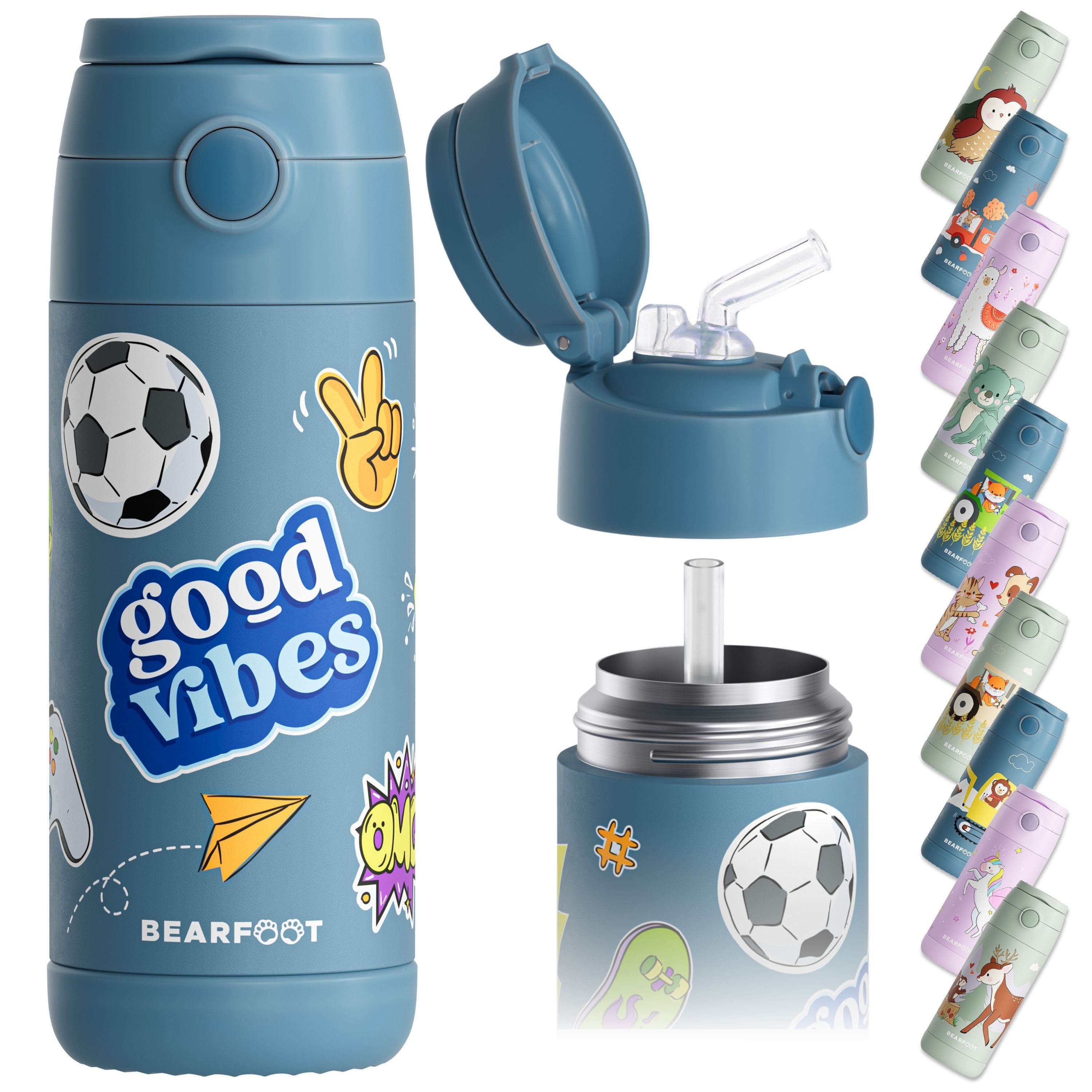BEARFOOT Trinkflasche Thermo Kinder Trinkflasche Edelstahl - Sticker blau, Thermosflasche, auslaufsicher, Edelstahl, Kinderflasche, BPA-frei