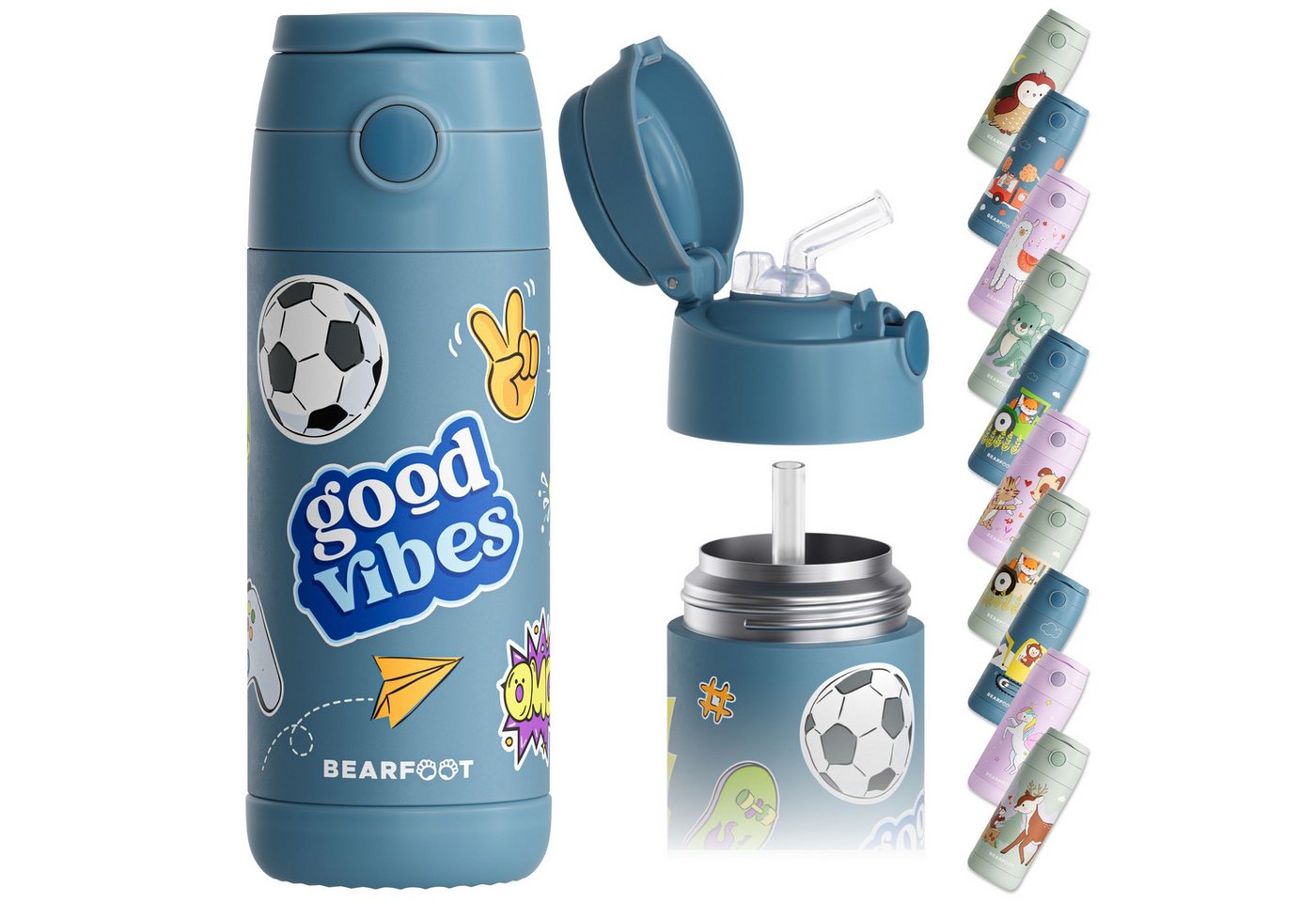 BEARFOOT Trinkflasche Thermo Kinder Trinkflasche Edelstahl - Sticker blau, Thermosflasche, auslaufsicher, Edelstahl, Kinderflasche, BPA-frei
