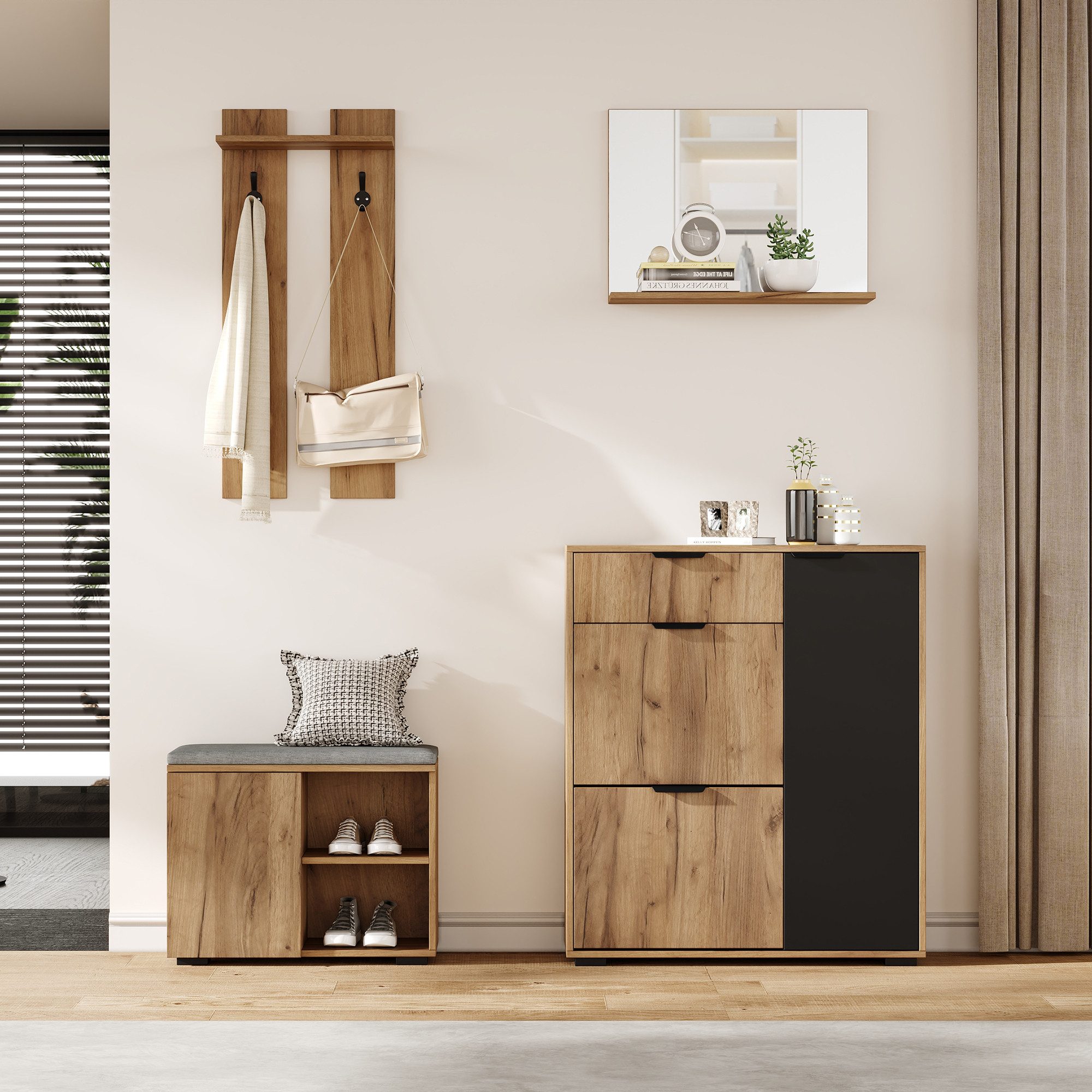 MODFU Garderoben-Set Wandgarderobe Kleiderschrank Schuhschrank, (mit praktischem Stauraum in Natur und Schwarz, 4-St., B140× T35 × H139 cm)