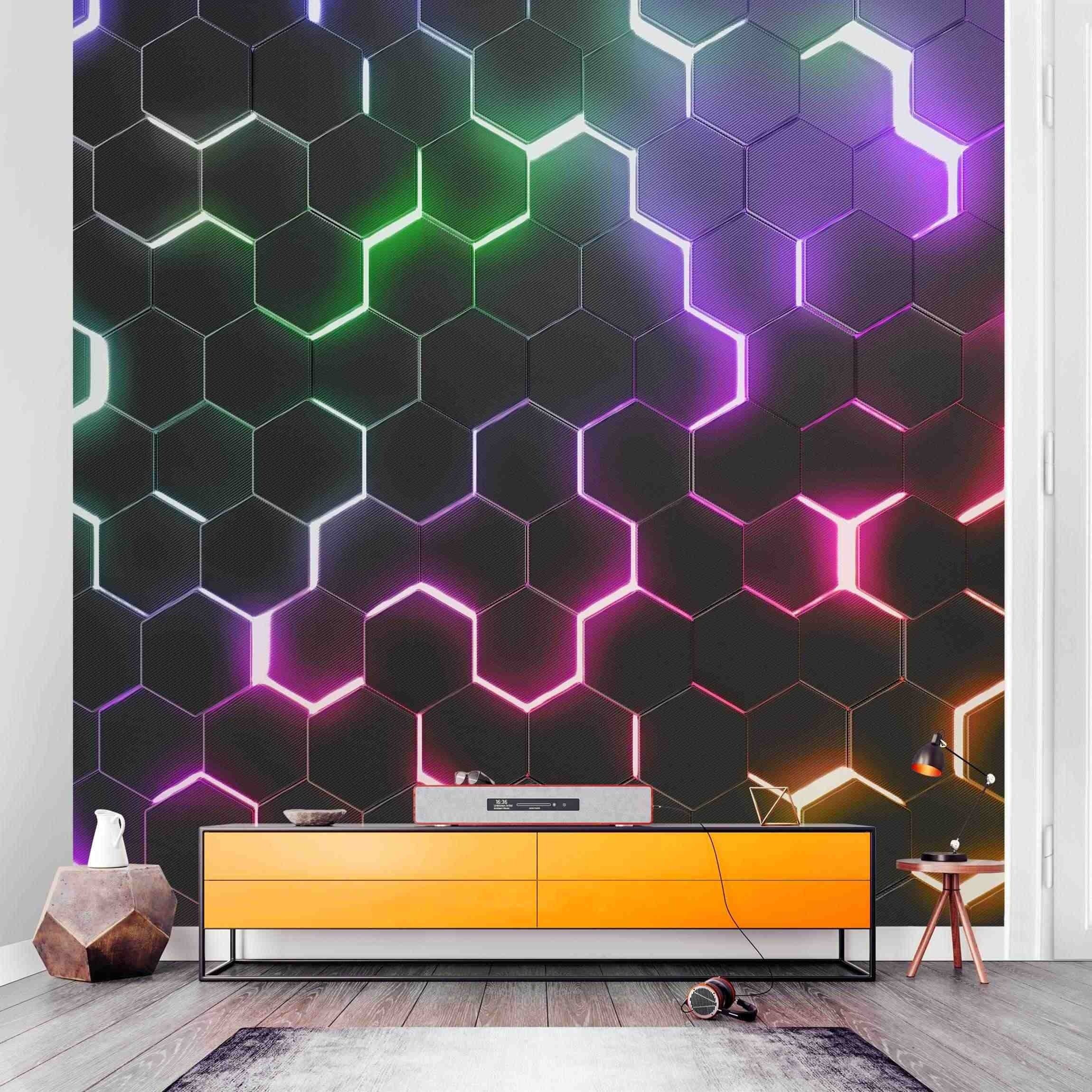 Bilderdepot24 Fototapete Gamer Hexagone Neonlicht Wanddeko Modern Kunst 3D-Effekt, Glatt, Matt, (Vliestapete inkl. Kleister oder selbstklebend), Jugendzimmer Gaming Zimmer Tapete Wohnzimmer Vliestapete Wandtapete