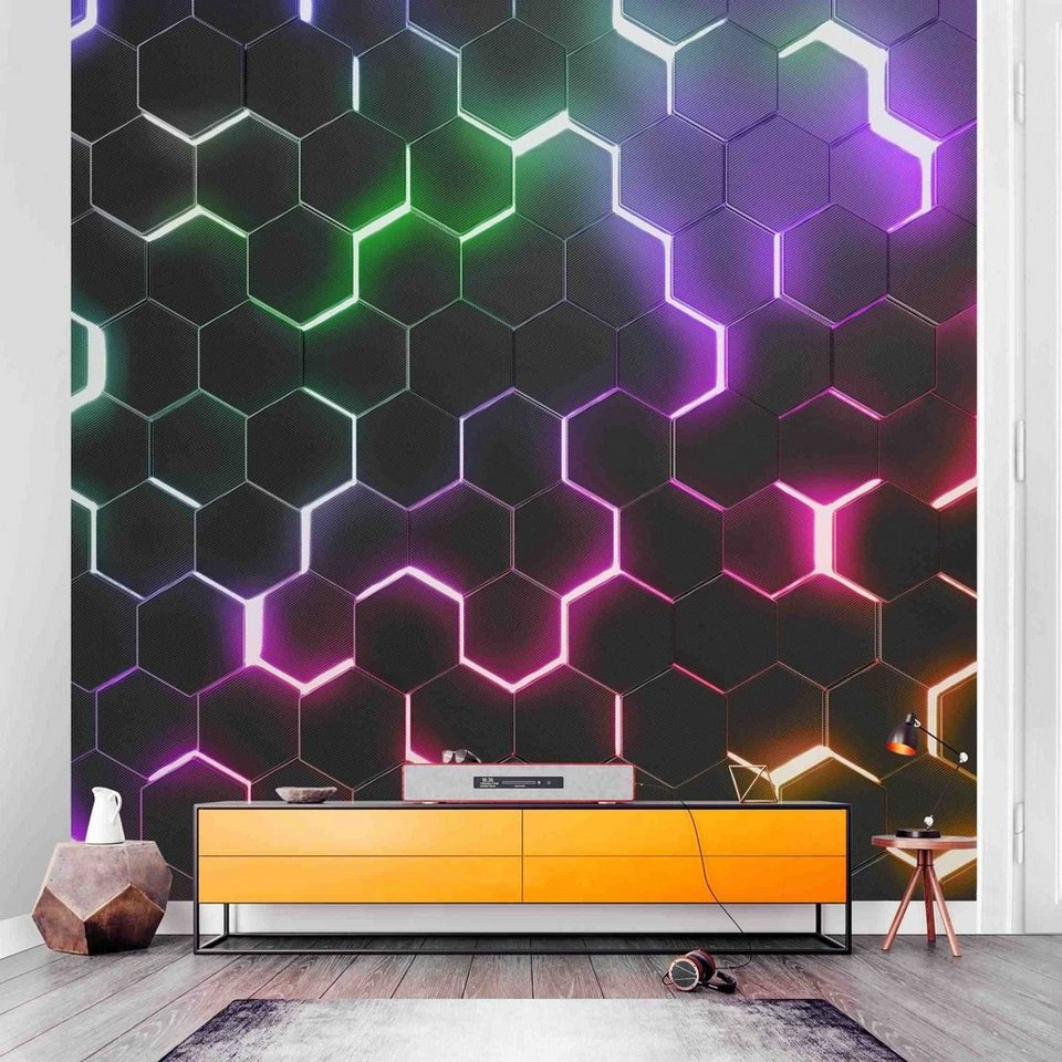 Bilderdepot24 Fototapete Gamer Hexagone Neonlicht Wanddeko Modern Kunst  3D-Effekt, Glatt, Matt, (Vliestapete inkl. Kleister oder selbstklebend),  Jugendzimmer Gaming Zimmer Tapete Wohnzimmer Vliestapete Wandtapete