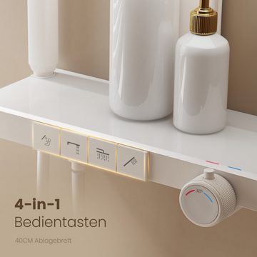 EMKE Duschsystem Brausegarnitur mit Thermostat Bluetooth-Steuerung Entwässerung, Höhe 113 cm, 4 Strahlart(en), Regendusche,Kinderdusche,Bluetooth,Weiß