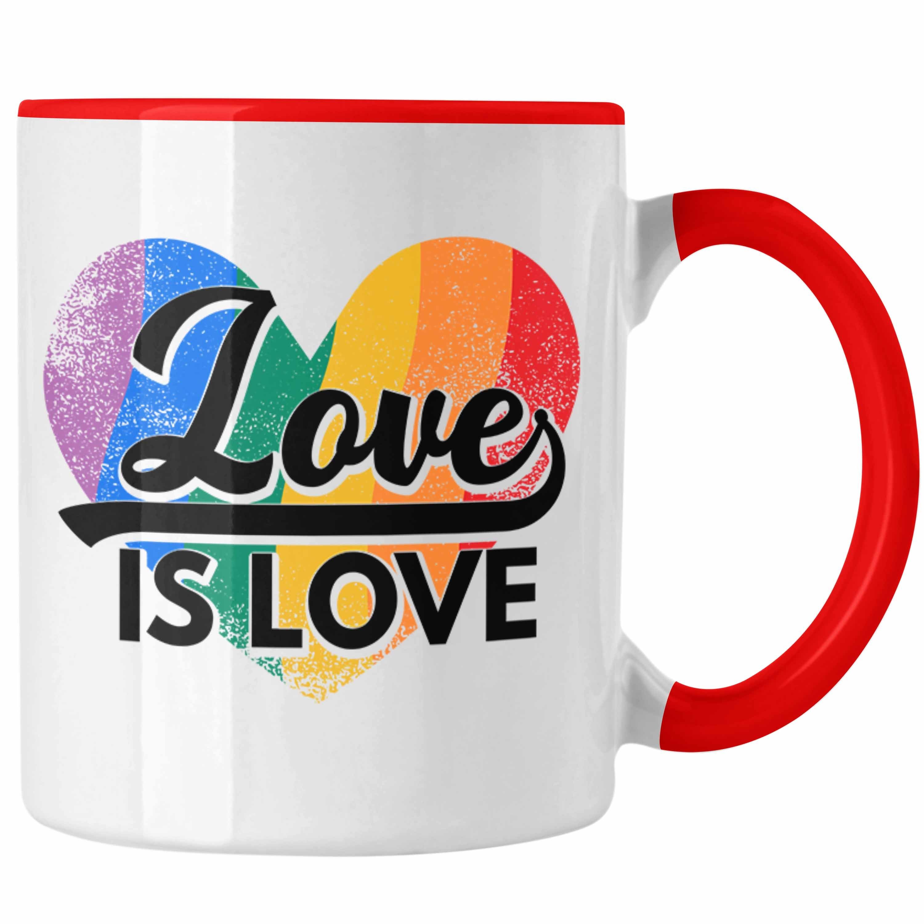 Trendation Tasse Trendation - LGBT Tasse Geschenk für Schwule Lesben Transgender Regenbogen Lustige Grafik Regenbogen Love Is Love Rot