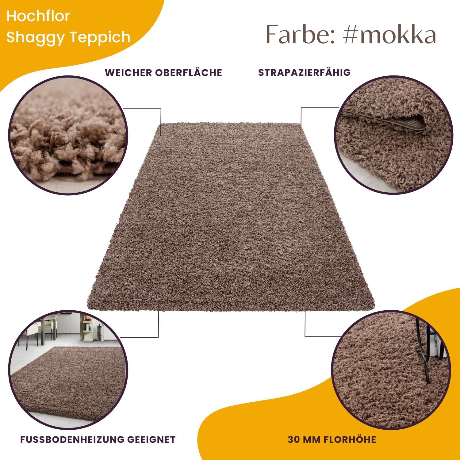 Teppium Teppich Unicolor - Einfarbig, Rechteckig, Höhe: 30 mm, Einfarbig Shaggy Teppich Wohnzimmer Langflor versch. farben und größen