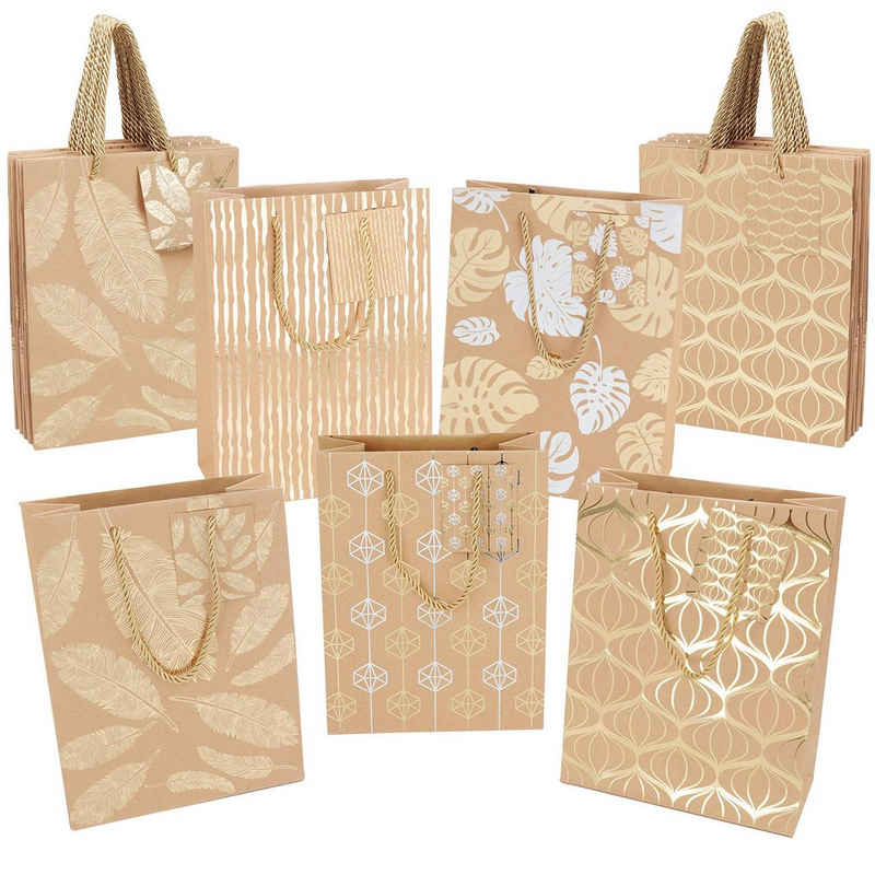 Belle Vous Geschenkbox Geschenktüten aus Kraftpapier mit metallischem Muster (15er-Pack), Kraft Paper Gift Bags with Metallic Design (15-Pack)