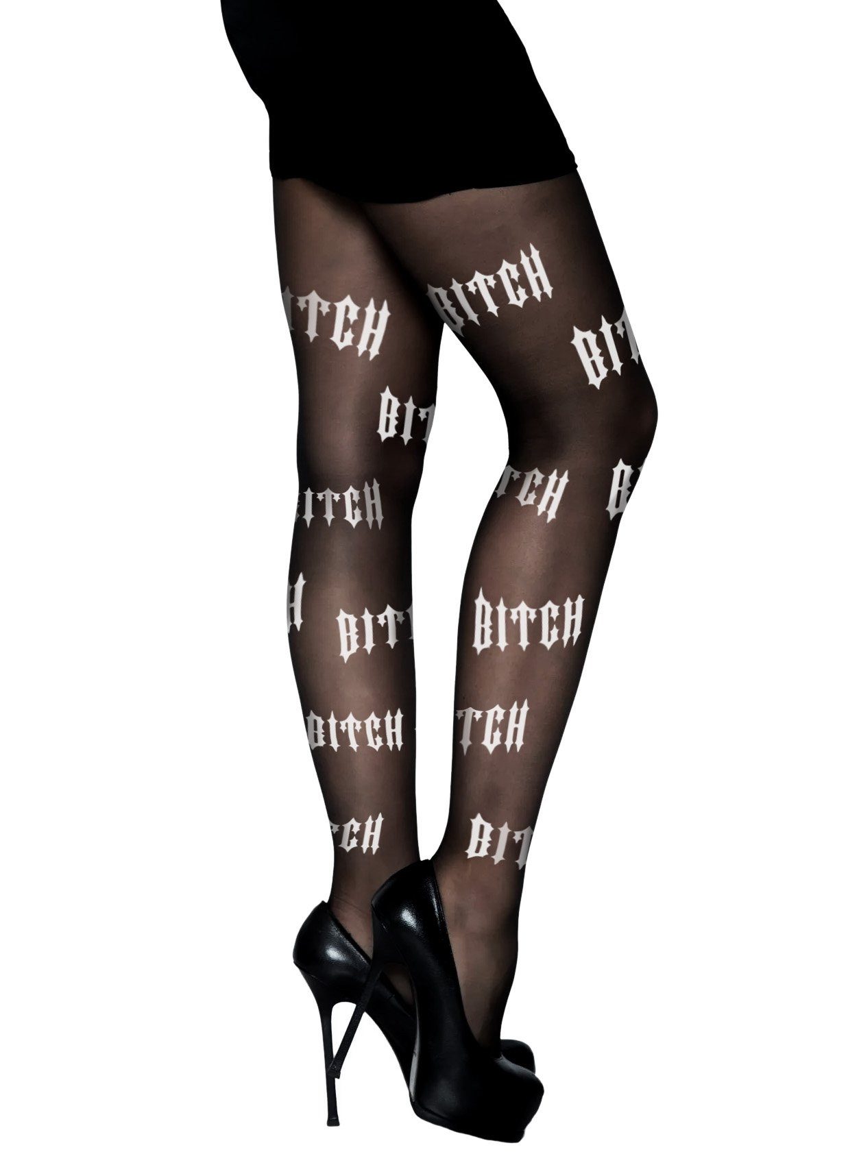 Leg Avenue Strumpfhose Feinstrumpfhose Bitch - für Fasching und Halloween (1 St) Schwarze Nylons mit provokativem Aufdruck