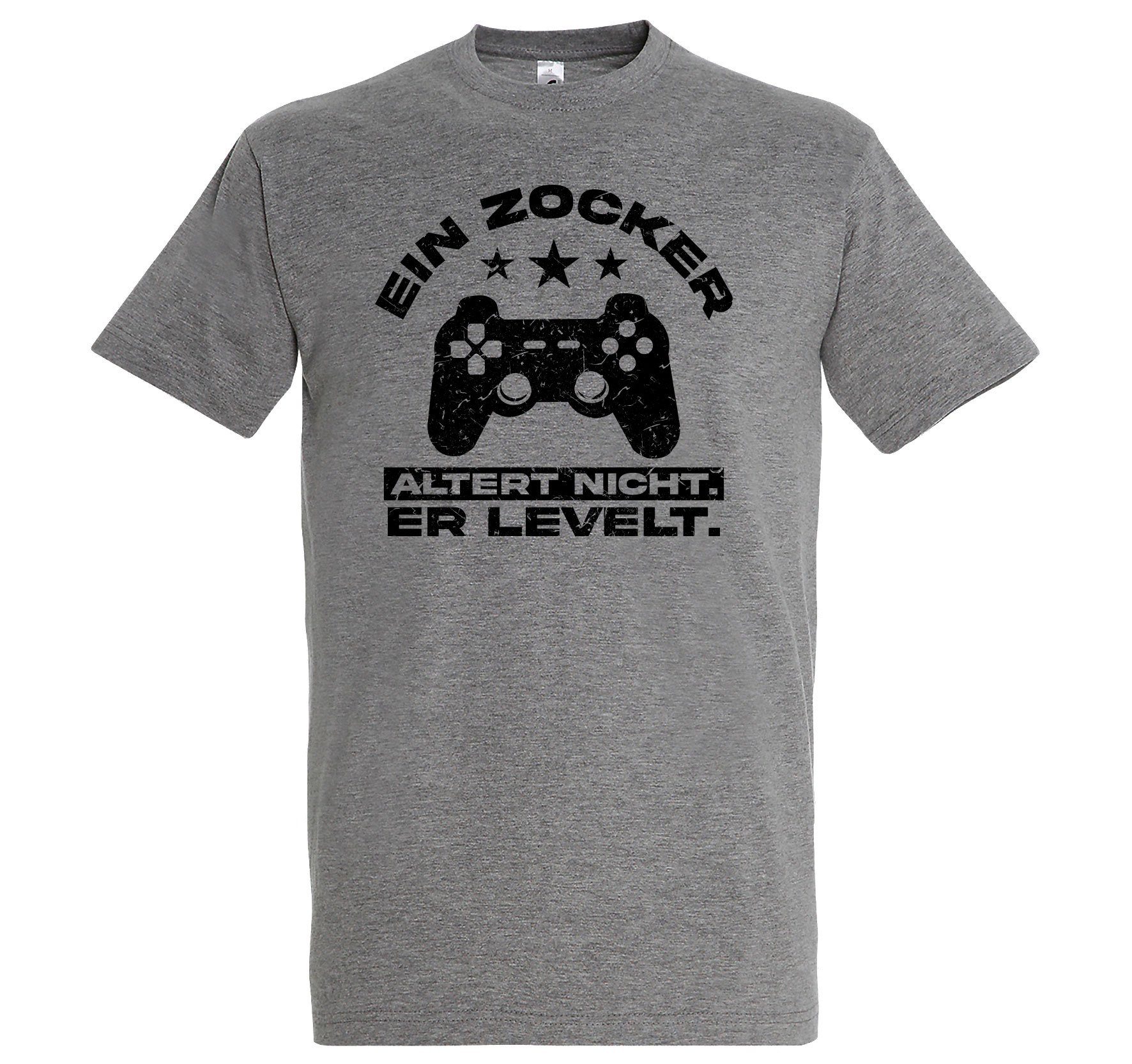 Youth Designz T-Shirt Ein Zocker altert nicht, er LEVELT! Herren Shirt mit Controller Frontprint Grau