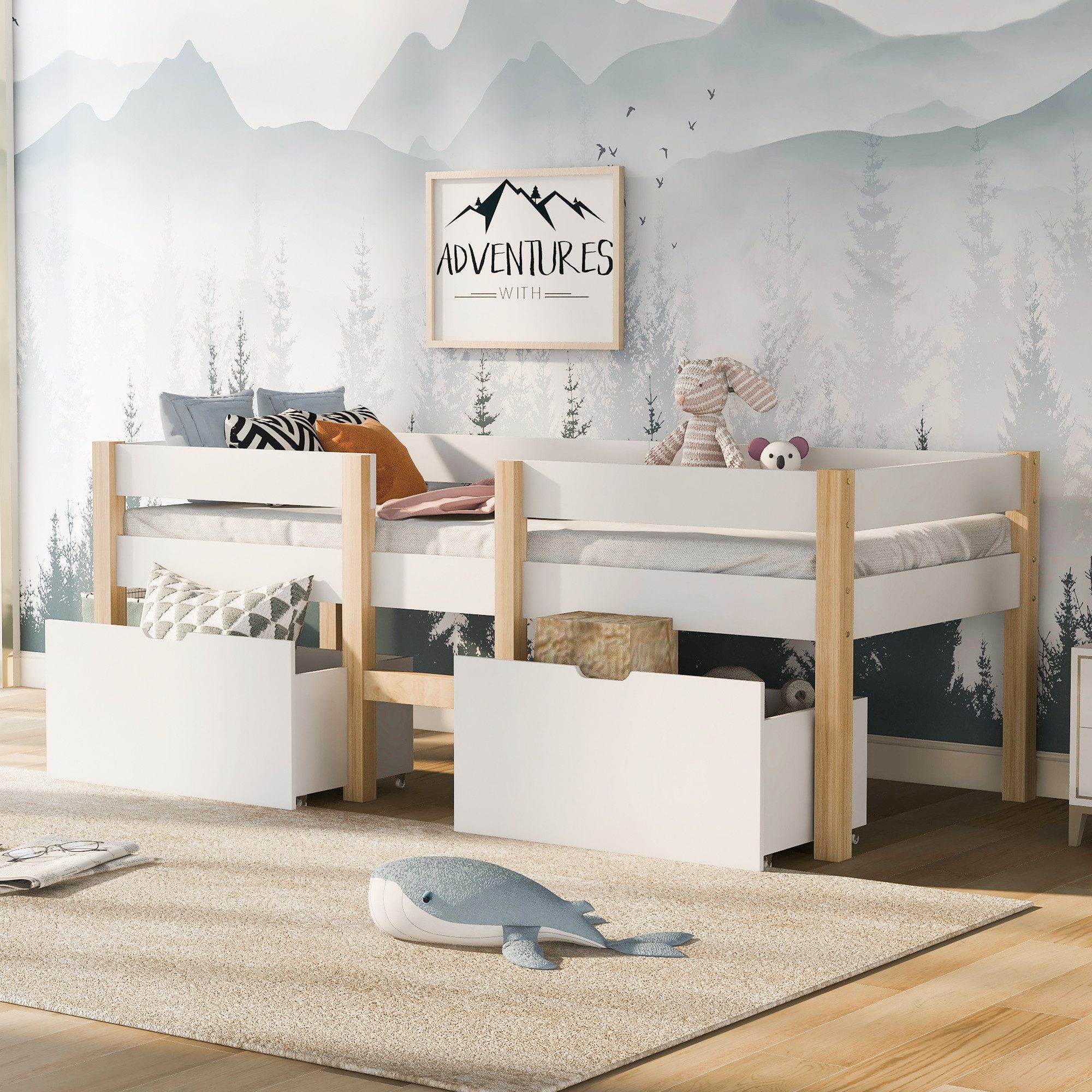 Merax Hochbett mit Schubladen, Kinderbett Kiefer mit Leiter, Einzelbett 90x200cm