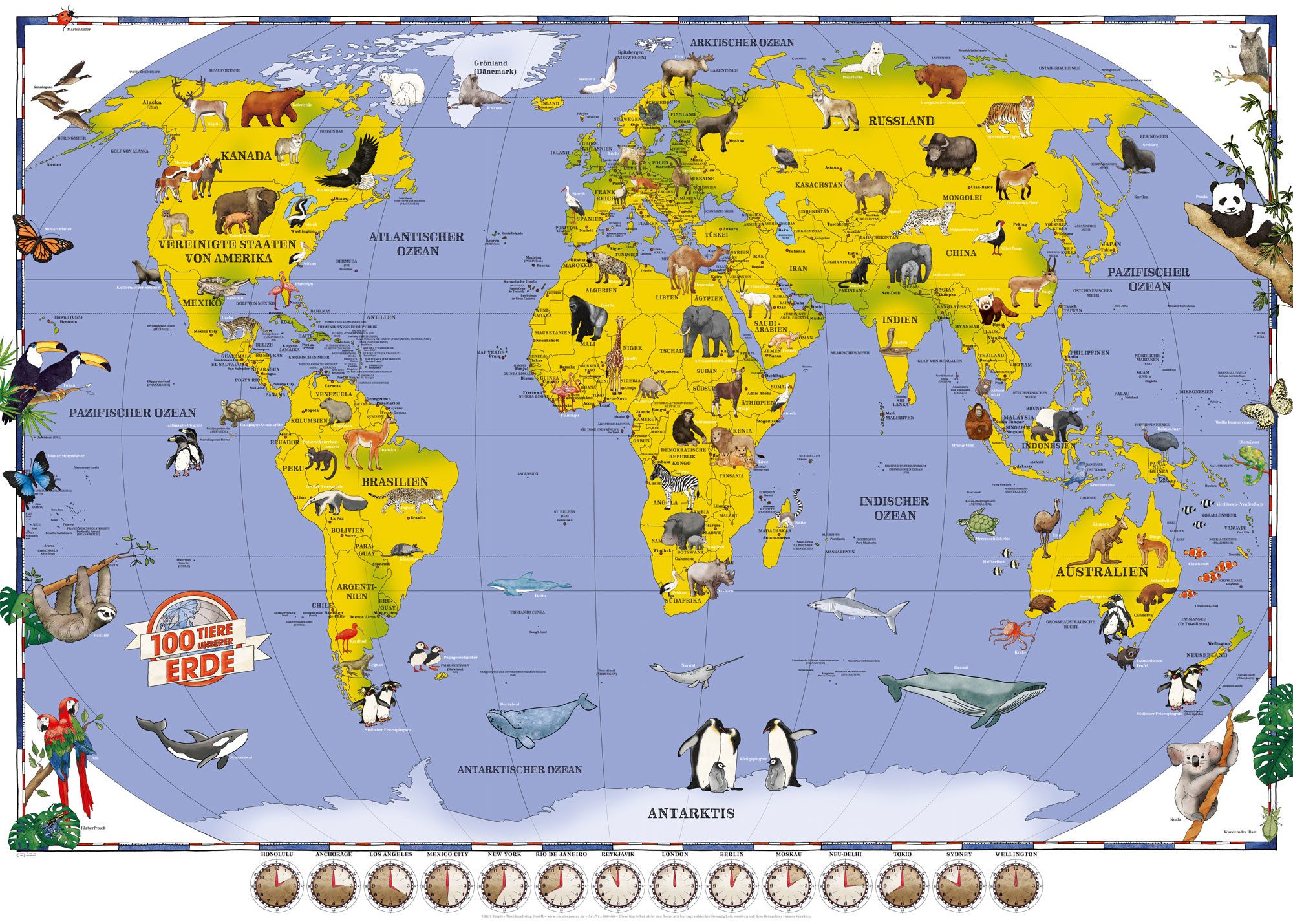 Poster Landkarten - Giant Poster - Kinderweltkarte XXL - 100 Tiere unserer