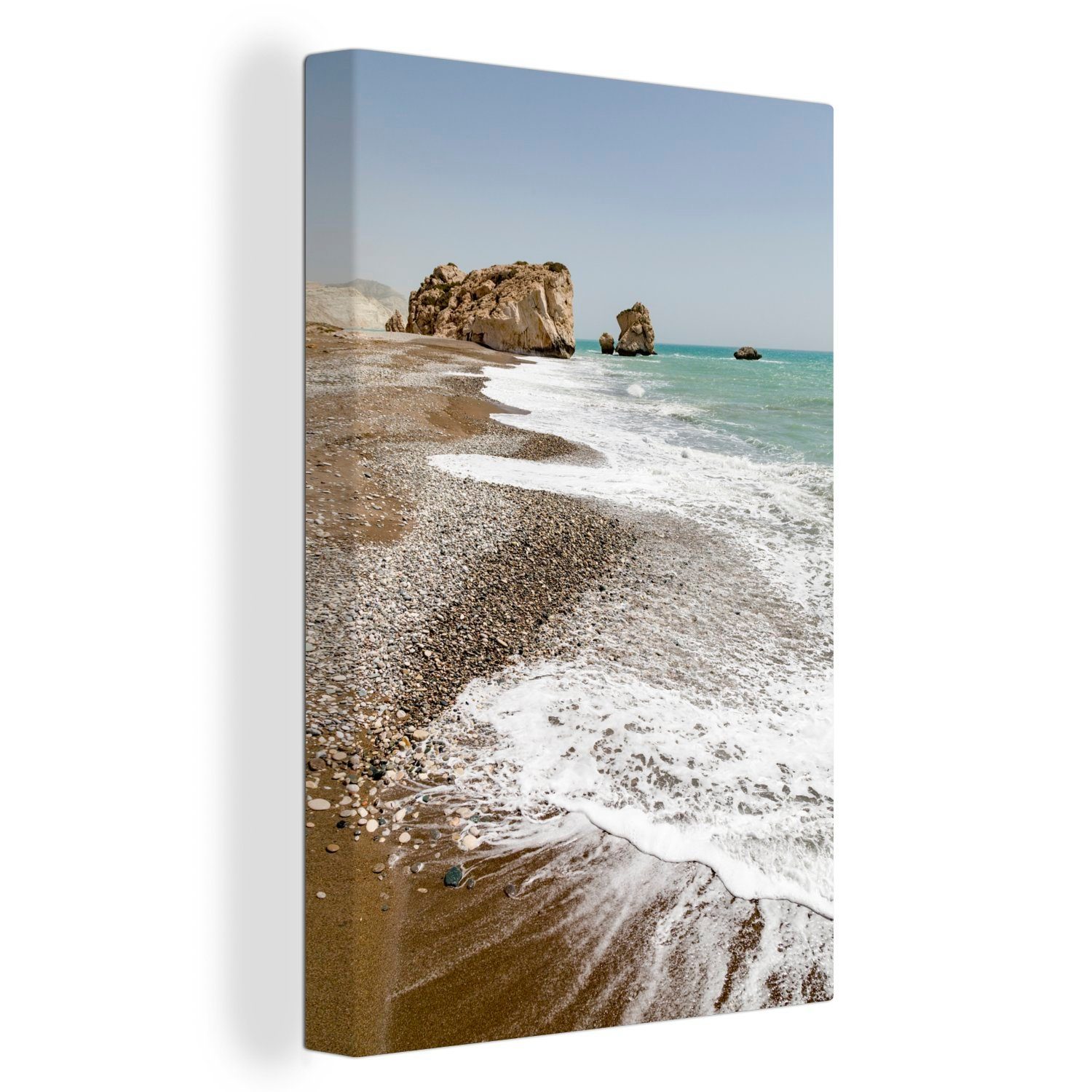 OneMillionCanvasses® Leinwandbild Wellen spülen an den Strand von Zypern, (1 St), Leinwandbild fertig bespannt inkl. Zackenaufhänger, Gemälde, 20x30 cm | Leinwandbilder