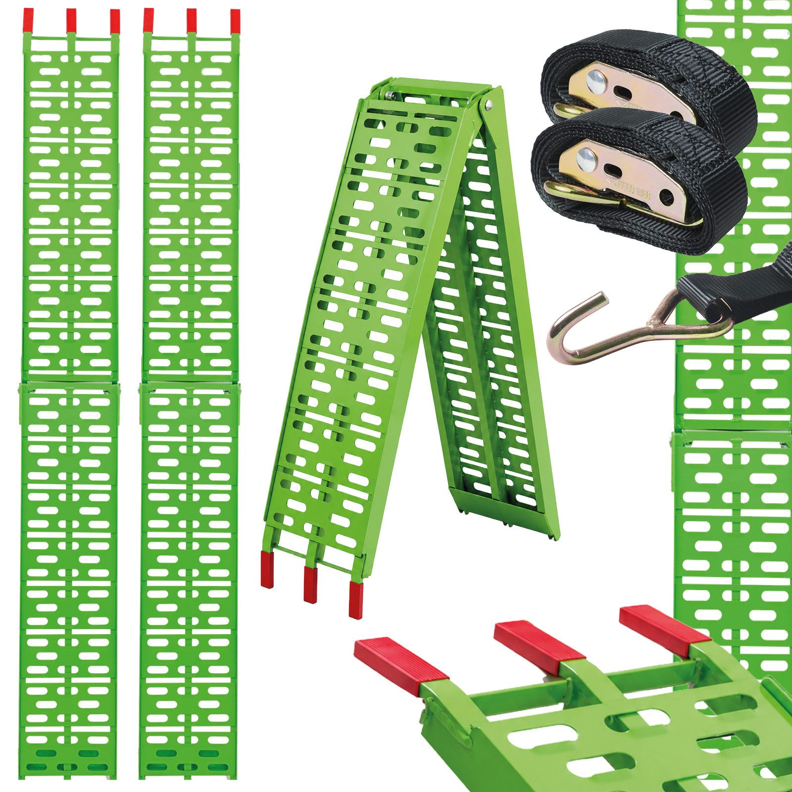 TRUTZHOLM Auffahrrampe klappbar 228 cm Traglast 680 kg Aluminium grün gelochte Oberfläche 2x (2-St., Inkl. 2x Spanngurt), stabile Konstruktion, hochwertige Verarbeitung, kompakte Bauweise