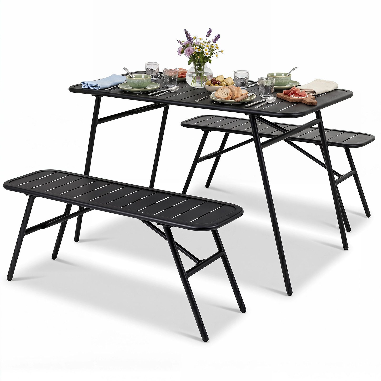 COSTWAY Sitzgruppe Metall, (3-tlg), Gartenmöbel Set mit Tisch & 2 Sitzbänke