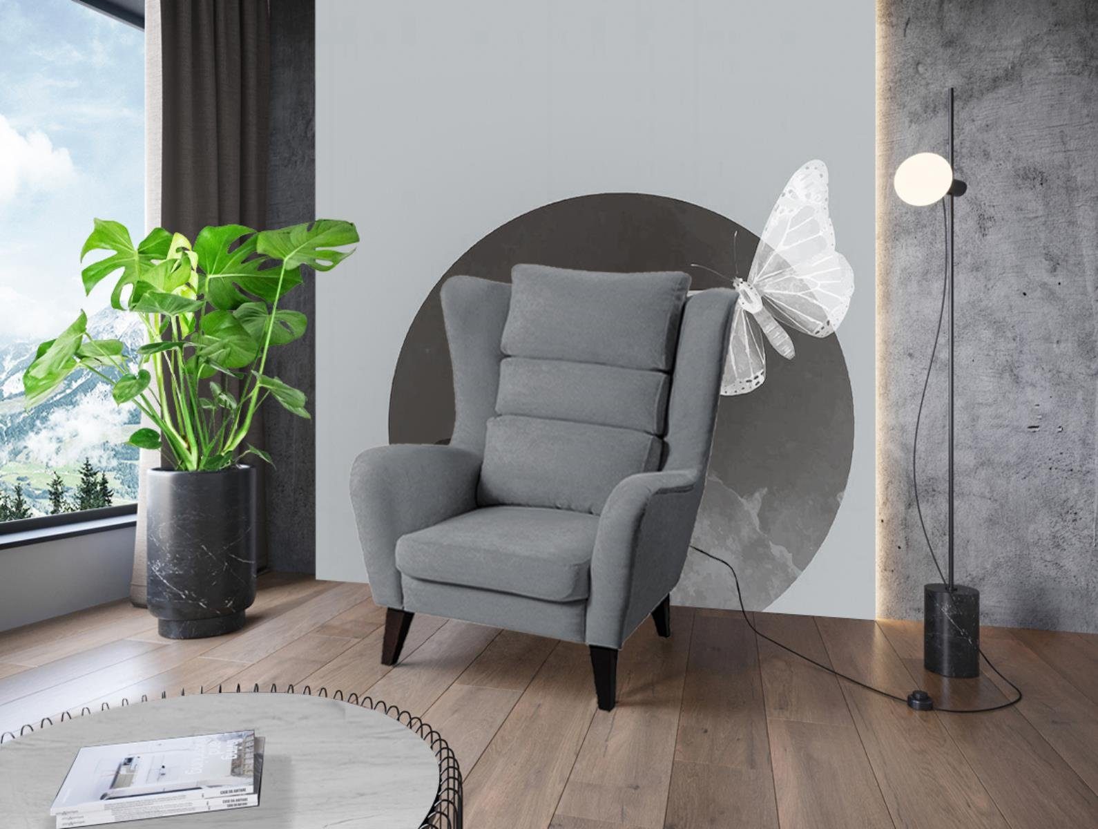 Beautysofa Sessel Atlas (Loungesessel für Wohnzimmer, Relaxsessel aus Velvetstoff), Polstersessel mit Holzbeine (Buche oder Wenge) Grau (mono 245)
