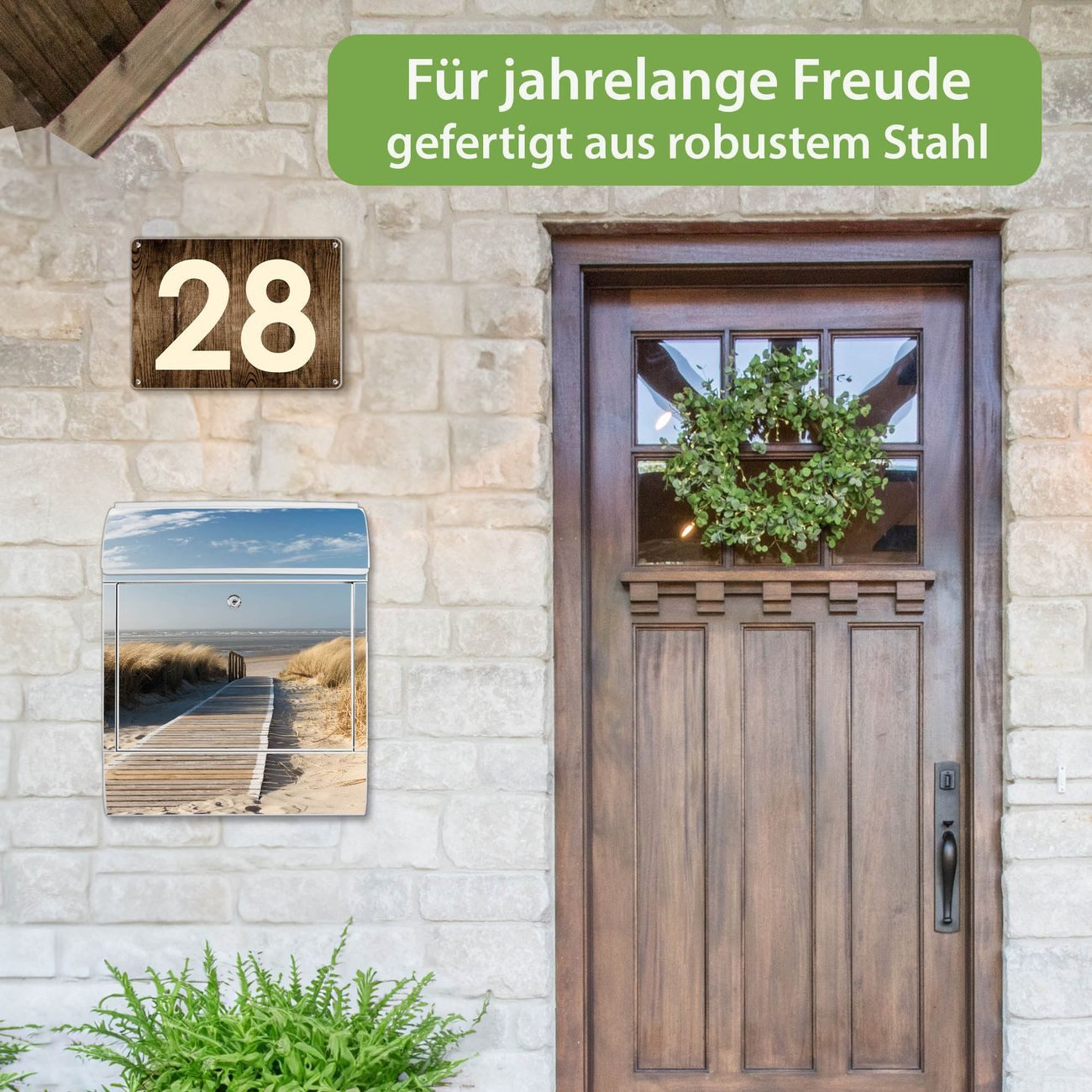 banjado Wandbriefkasten Weiß Stahl mit Motiv Dünen (Wandbriefkasten witterungsbeständig, pulverbeschichtet, mit Zeitungsfach), 47 x 39 x 14 cm