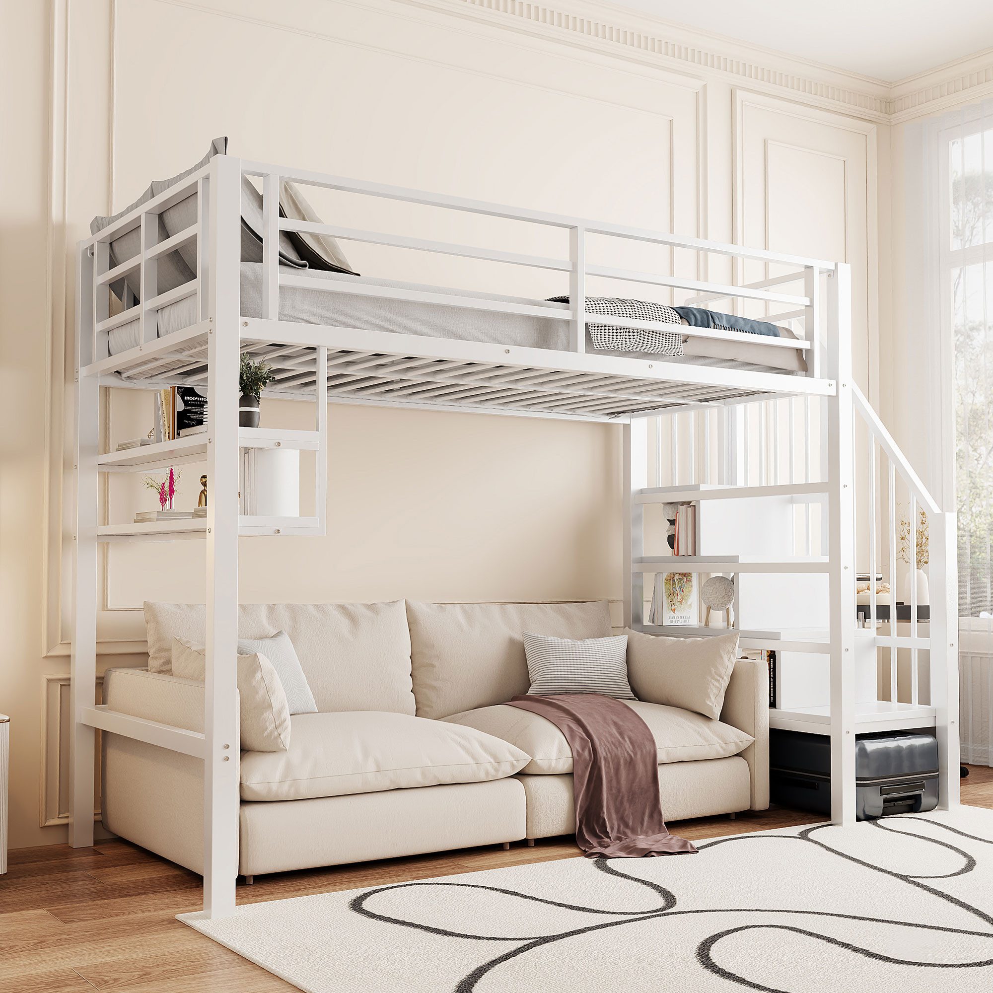 Flieks Hochbett Metallbett 90x200cm mit Einlegeböden und Stauraumtreppe
