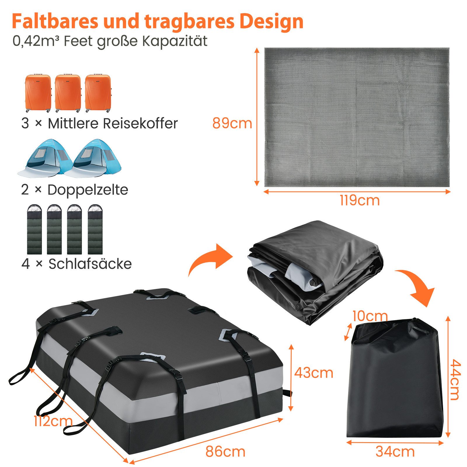 COSTWAY Dachbox, 420L Dachkoffer, mit 10 Gurte & 6 Türhaken, Faltbar