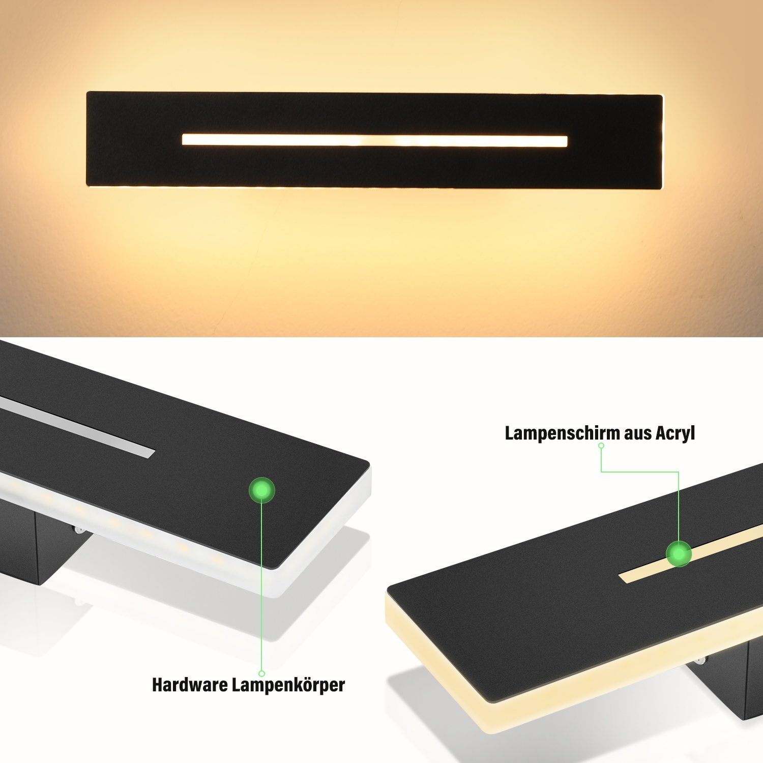 Aluminium, Warmweiß, aus LED Wandlampe Flurlampe Wandleuchte LED Flurlampe, Wandleuchte Modern Wandbeleuchtung Schwarz 15W LETGOSPT Abwärtsstrahl, integriert, Auf- und fest 30cm,