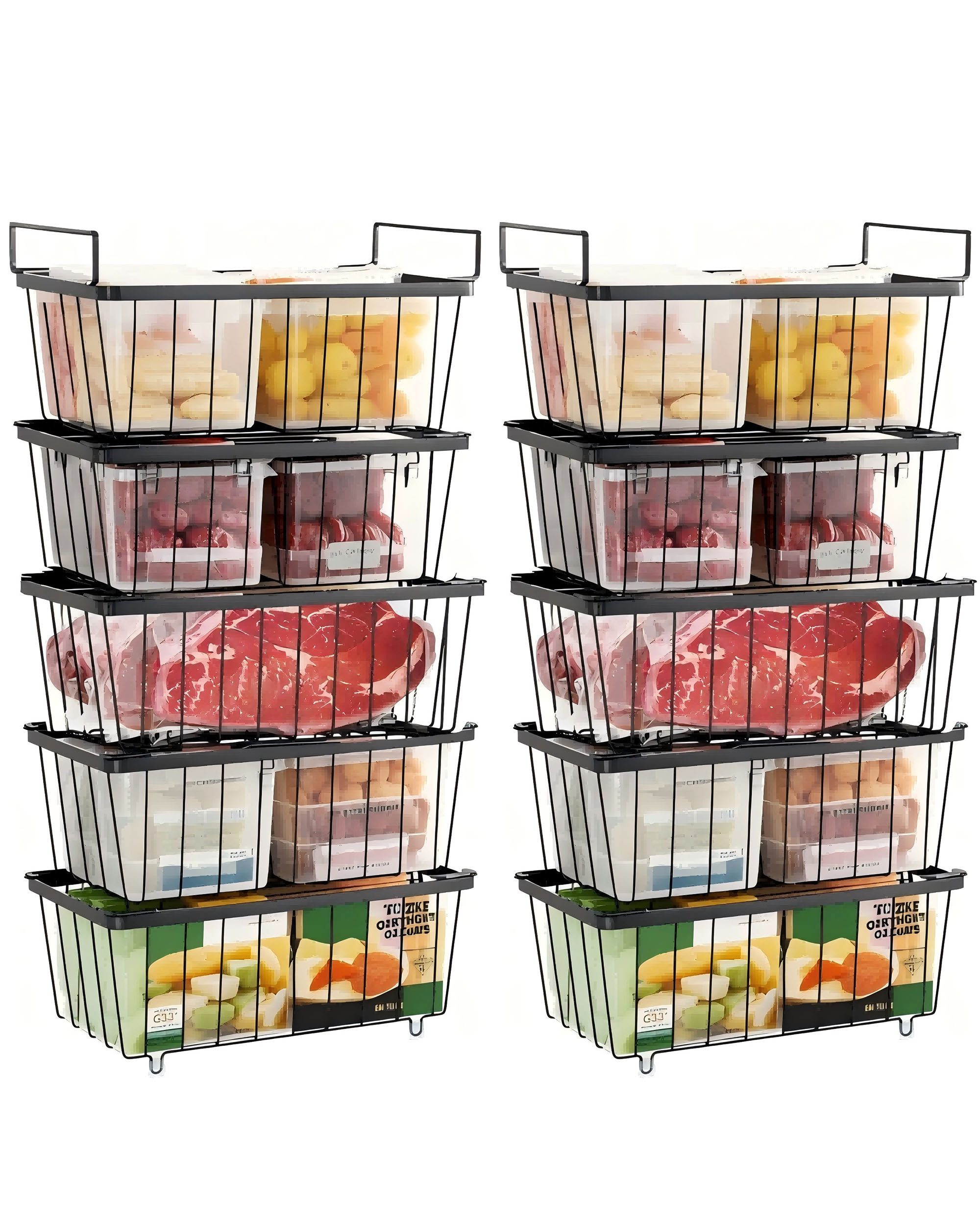 Refined Living Aufbewahrungsbox 5X Gefriertruhe Körbe Stapelbar,Gefrierkorb,Gefriertruhe Organizer (Gefrierbehälter stapelbar, Tiefkühltruhe Ordnung, Gefrierschrank Aufbewahrung, Drahtkörbe mit Griffen, Gefrierschrank Körbe, Tiefkühl Organizer Körbe, Gefr