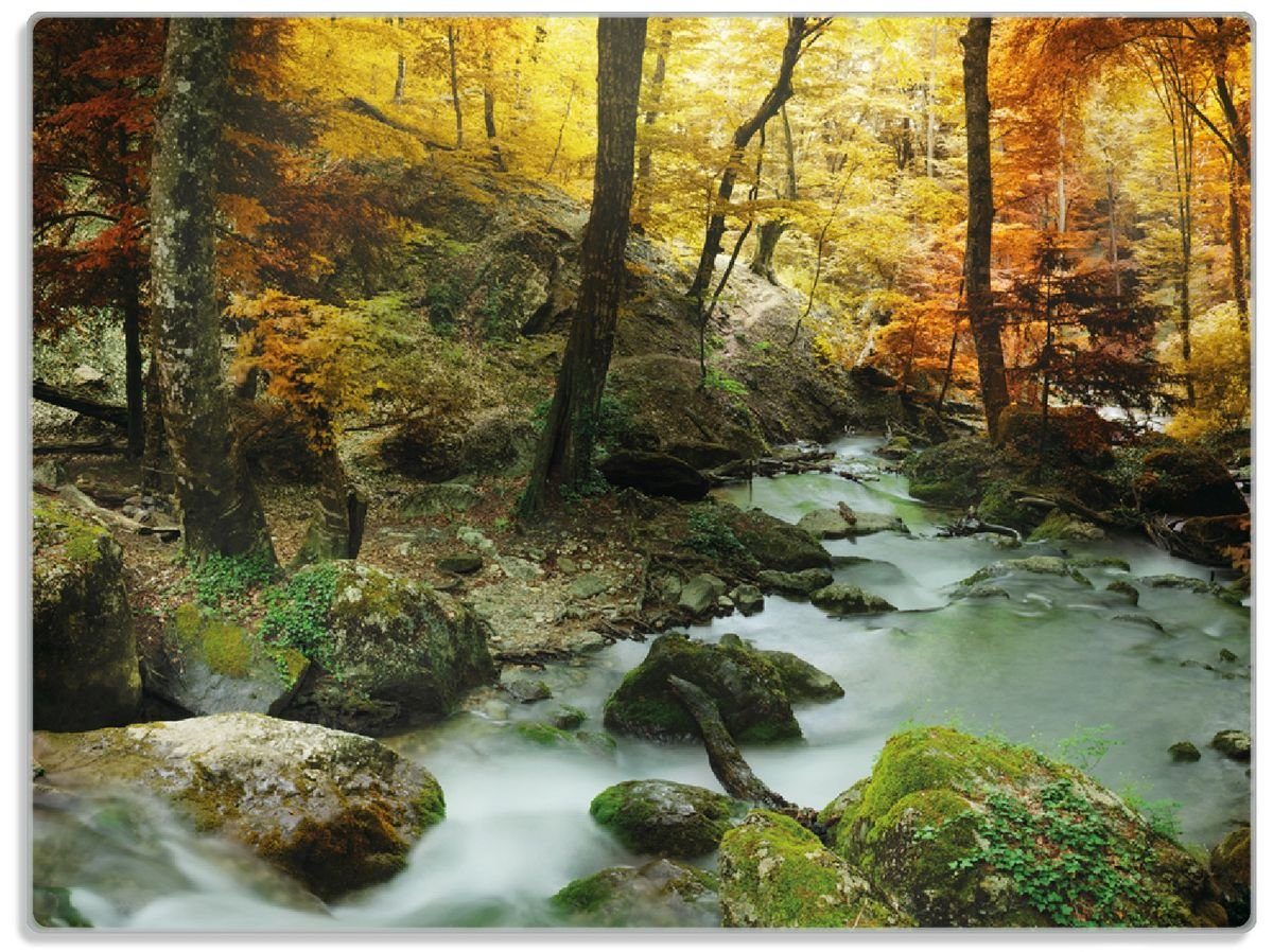 Wallario Schneidebrett Wasserfall mit moosbedeckten Steinen im Herbstwald, ESG-Sicherheitsglas, (inkl. rutschfester Gummifüße 4mm, 1-St), 30x40cm