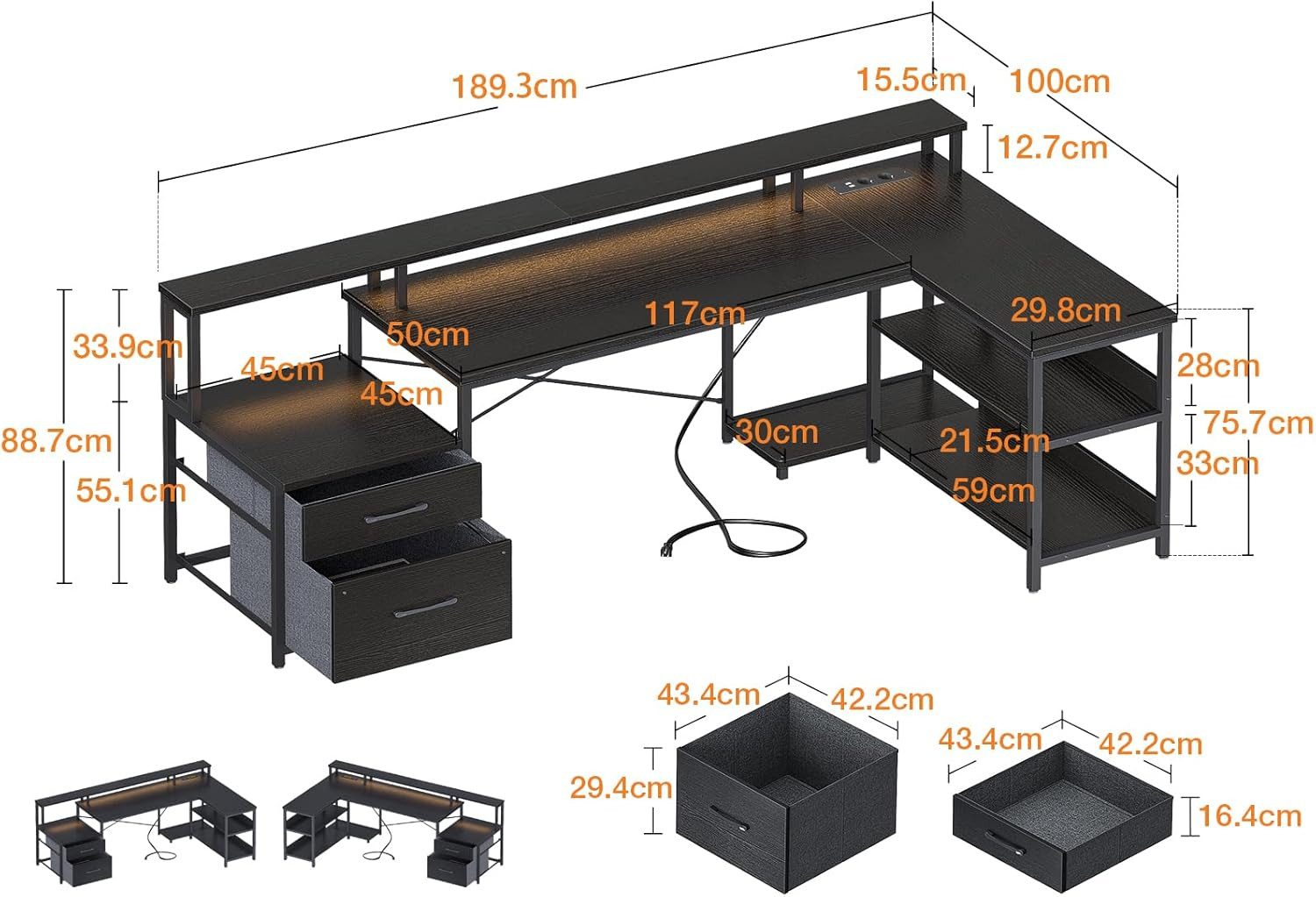 ODK Eckschreibtisch ODK Reversibel Eckschreibtisch mit Schubladen LED Schwarz 189.5×100cm