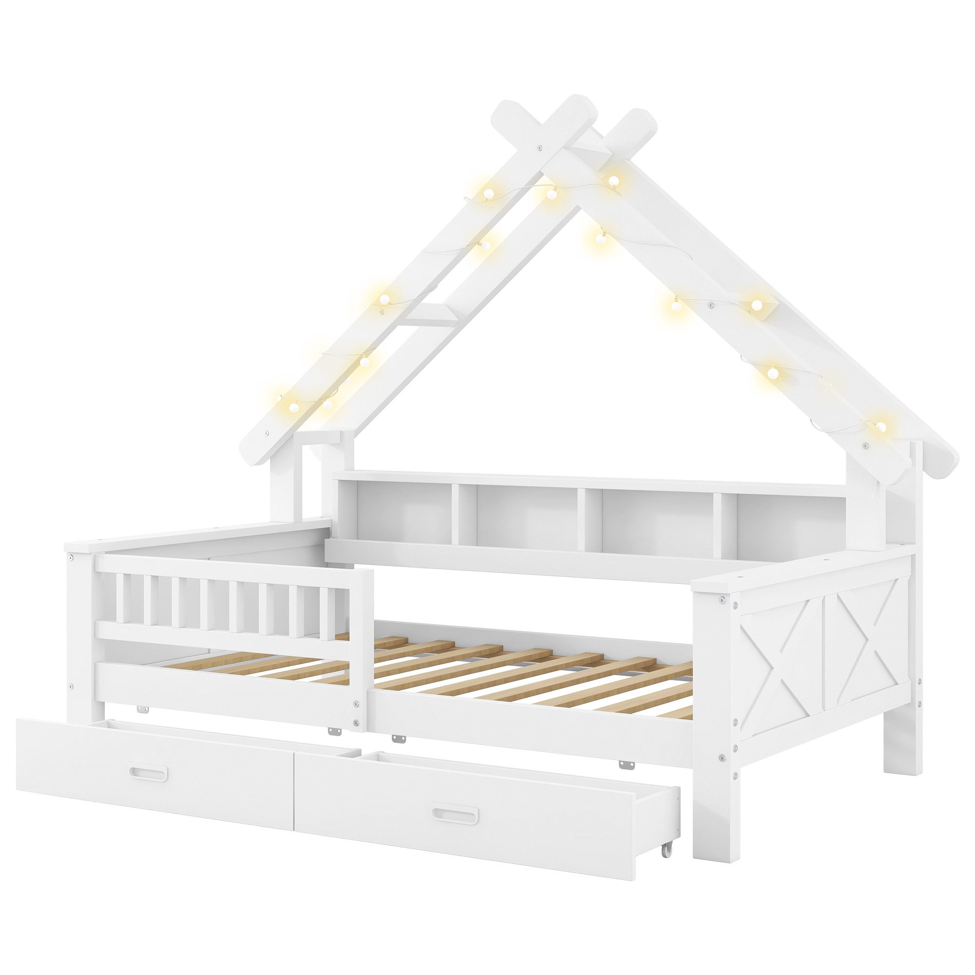 MODFU Kinderbett für Kinderzimmer & Schlafzimmer (Kinder-Hausbett mit LED-Licht & Stauraum – stabiles Plattformbett mit Schutzgitter, Schubladen und Regalen., 1-tlg., 205 x 97 x 179)
