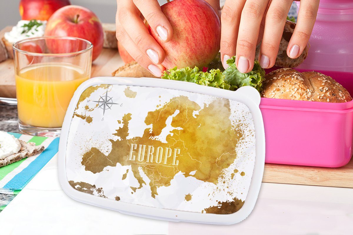 Europa Kinder, Brotdose für - Gold, Brotbox Erwachsene, Lunchbox Weltkarten Mädchen, rosa - MuchoWow (2-tlg), Kunststoff, Kunststoff Snackbox,