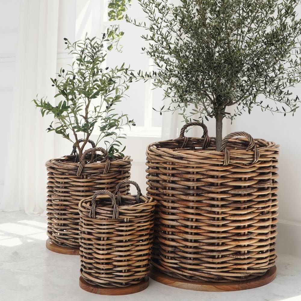 LebensWohnArt Dekokorb Dickes CL Rattan Korb CESTINO braun ca.H80cm Teakbodenplatte