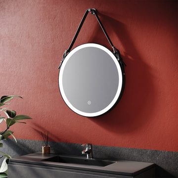 SONNI Badspiegel Badspiegel rund mit LED beleuchtung Ø 60 cm Beschlagfrei Touchschalter, Schminkspiegel,Verstellbarer Ledergürtel Wandspiegel,Modern Badezimmer