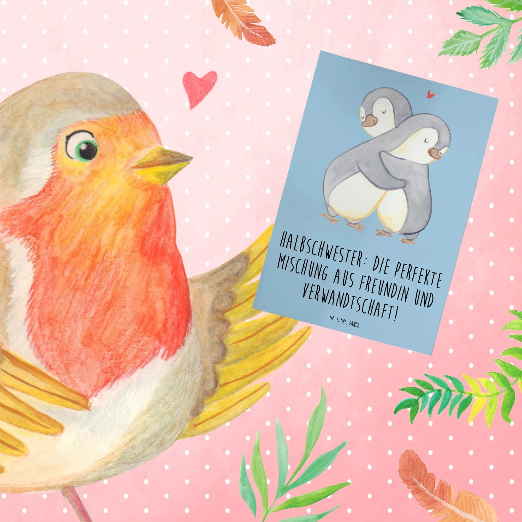 Thumbnail - Mr. & Mrs. Panda Grußkarte Halbschwester Glück - Blau Pastell - Geschenk, familiäre Verbundenhei, Edler Umschlag