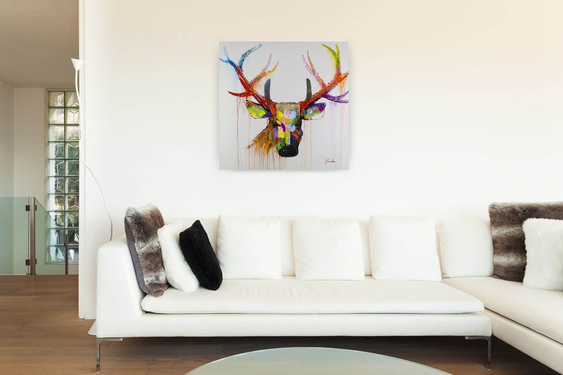 cm, Zum Wohnzimmer HANDGEMALT bunten KUNSTLOFT Gemälde Hirschen 80x80 100% Leinwandbild Wandbild