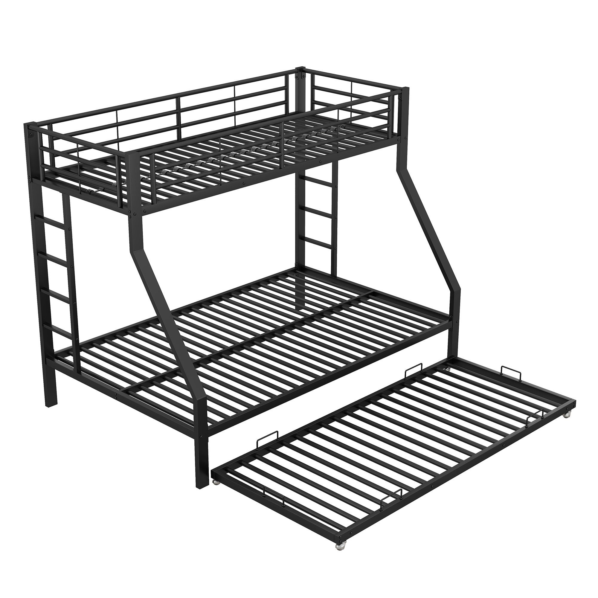 Flieks Etagenbett, 90x200cm/140x200cm/90x190cm schwarz mit Metallbett ausziehbarem Bett