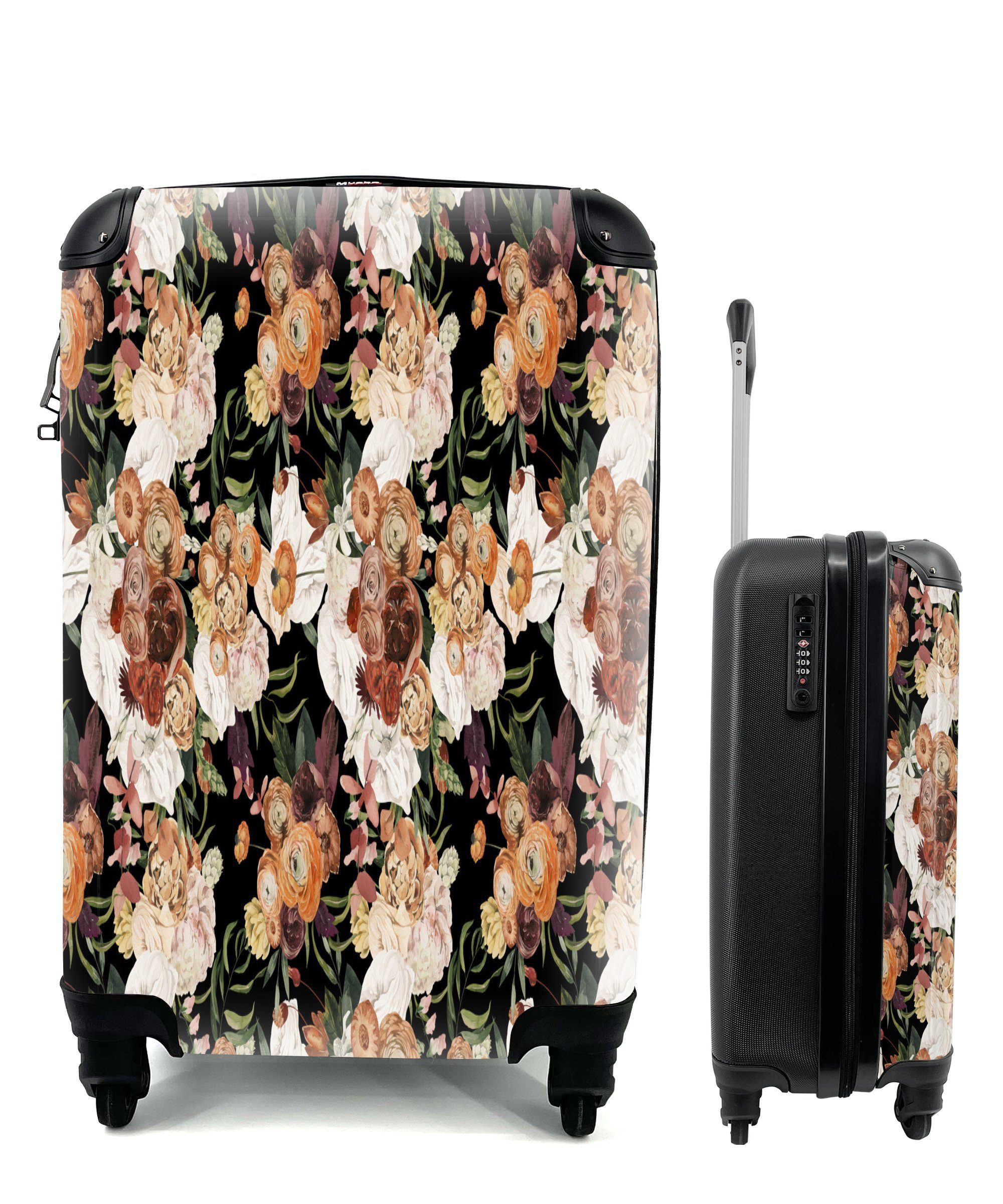 Muster, Ferien, Reisekoffer Braun 4 - Trolley, Blumen MuchoWow Handgepäckkoffer Handgepäck Reisetasche rollen, für mit Rollen, -