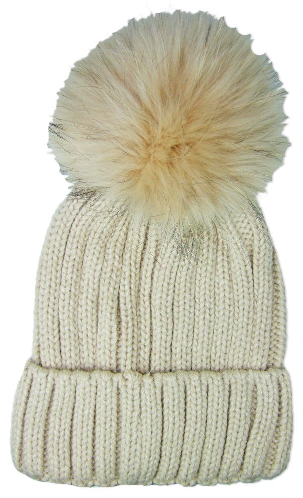 Ursprungs tierischen Winter Umschlag Grobstrick Strickmütze - (1-St) mit Mütze Beige nichttextile Teile Fellbommel Enthält Damen Trachtenland