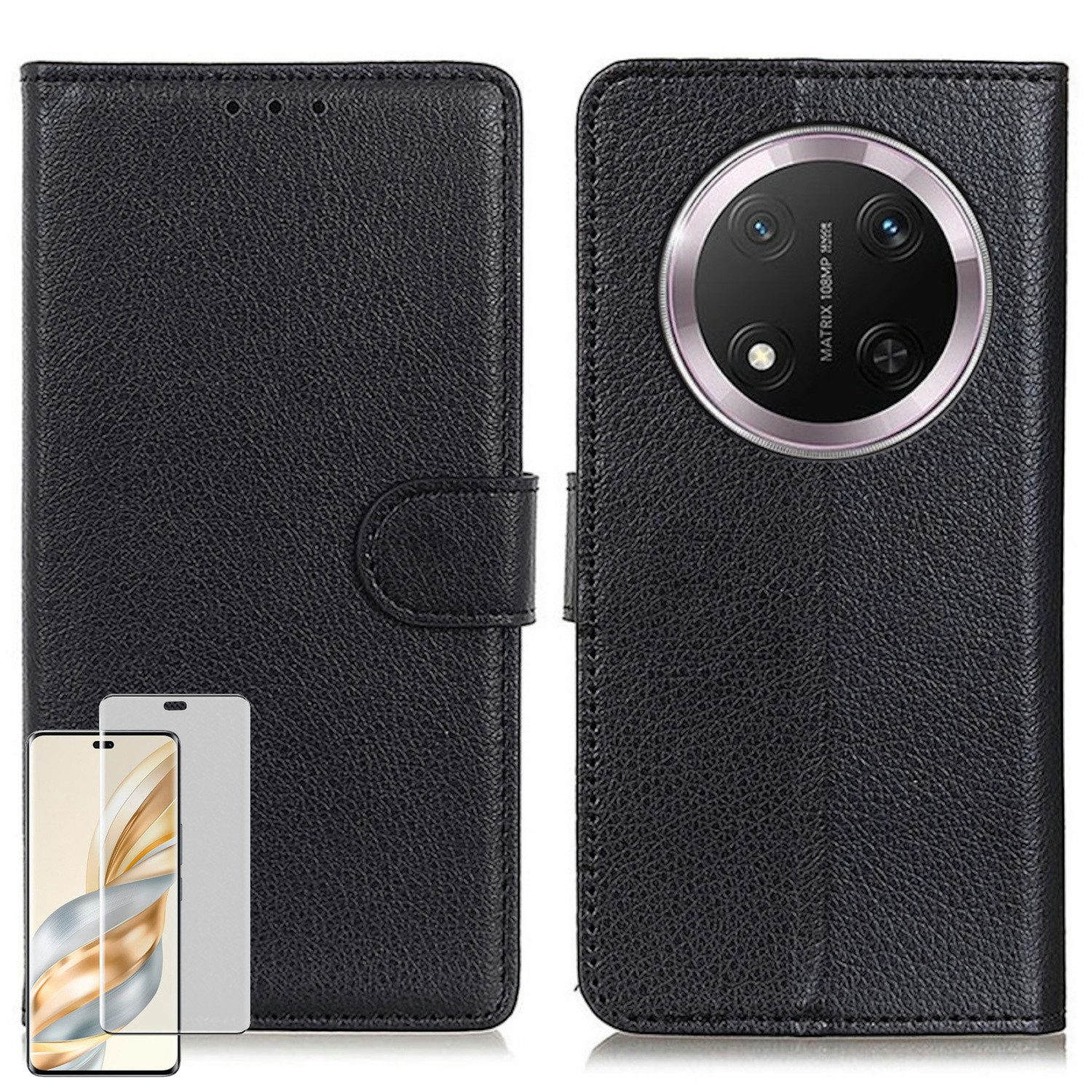 Wigento Smartphone-Hülle Für Honor Magic 7 Lite / X9c Book Wallet Tasche + 4D Curved Hart Glas, Produktset Kunst-Leder Tasche + 4D Curved Glas