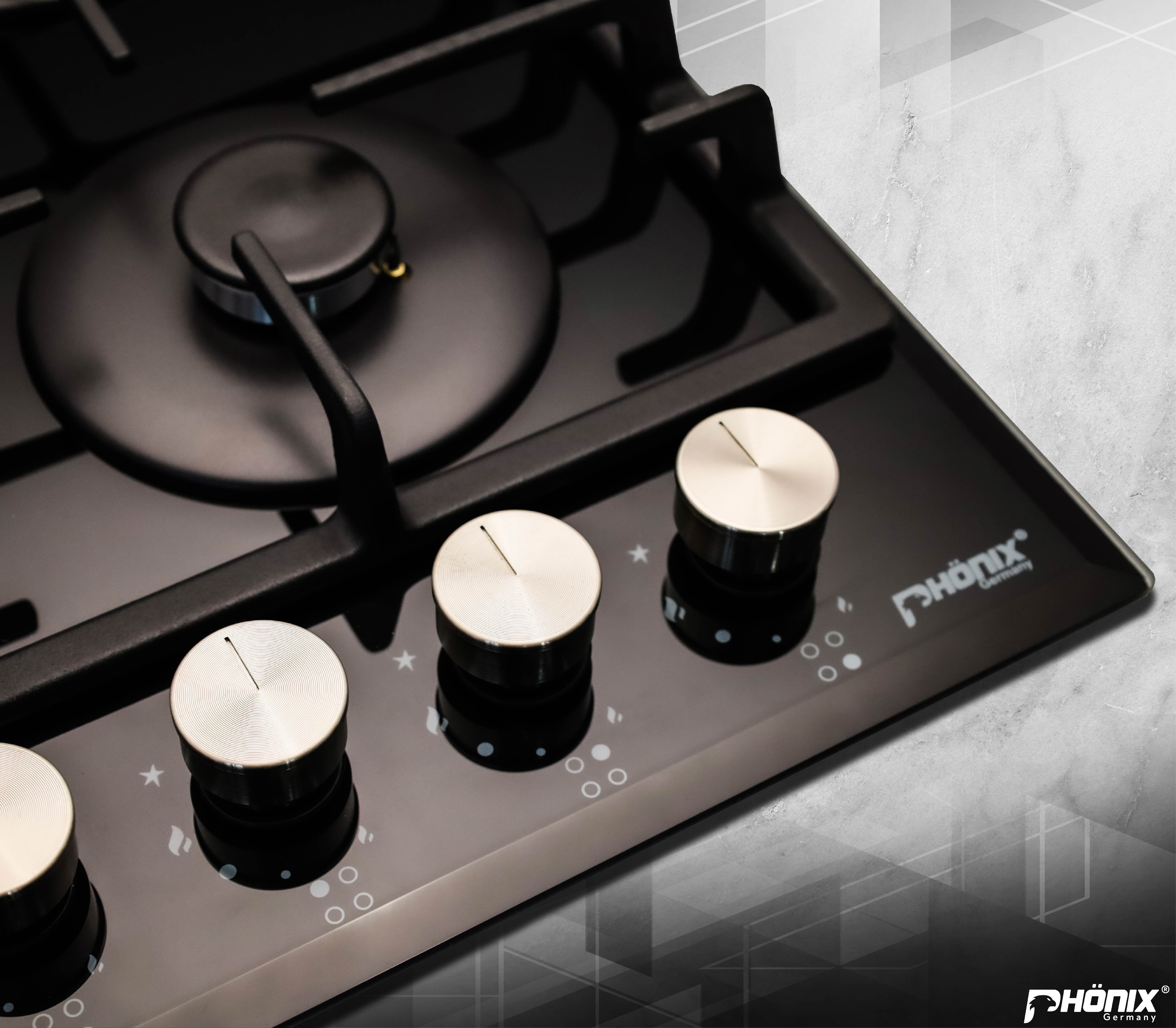 Phönix Germany Gas-Kochfeld PG-603T, Gaskocher 4 flammig mit Zündsicherung, Propan- / Erdgas, H-Gas